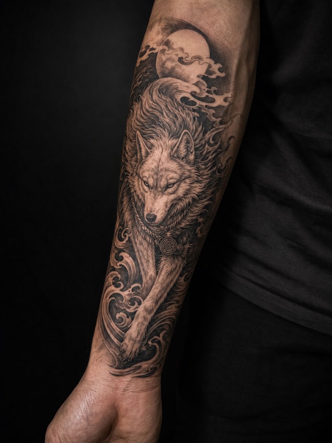 Japanese-inspired wolf guardian tattoo on a forearm.