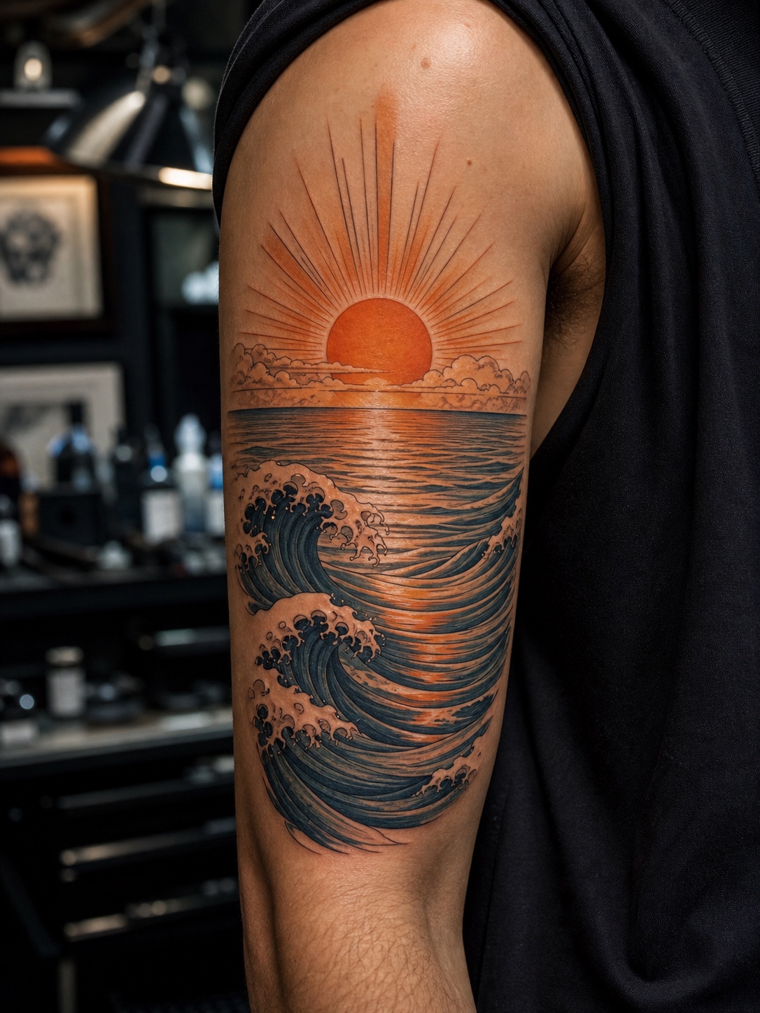 Japanese woodblock-inspired ocean wave and sunrise tattoo on the upper arm.