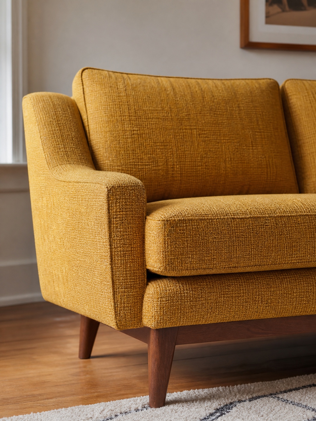 Close detail of a mid-century sofa with mustard textured fabric, tapered walnut legs, and clean cushions.