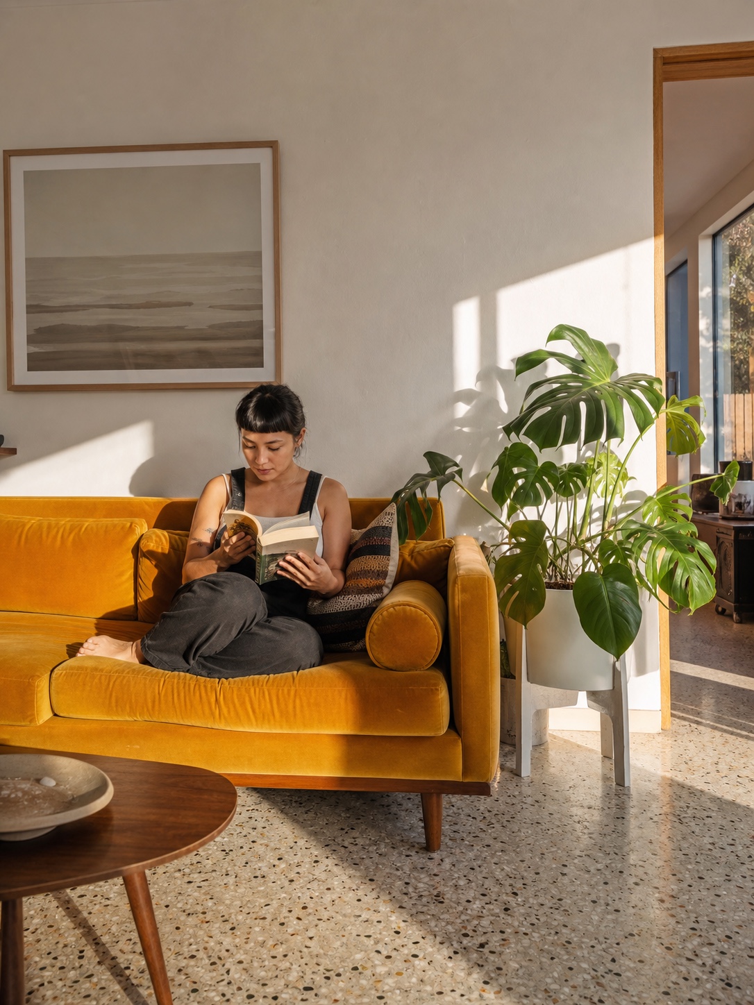 Mustard velvet mid-century sofa in a bright apartment with terrazzo floors and plants.