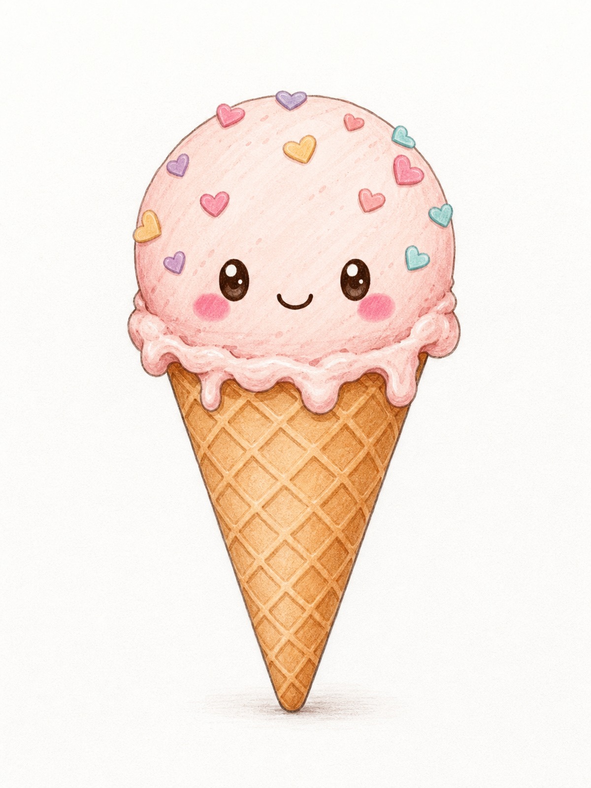 Kawaii cute ice cream drawing with face Cute kawaii ice cream cone illustration with a smiling face rosy cheeks and heart sprinkles | Sky Rye Design Cute kawaii ice cream cone illustration with a smiling face rosy cheeks and heart sprinkles
