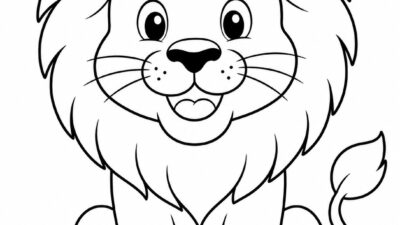 Printable kids coloring page with a friendly lion with a big mane in bold black-and-white line art.