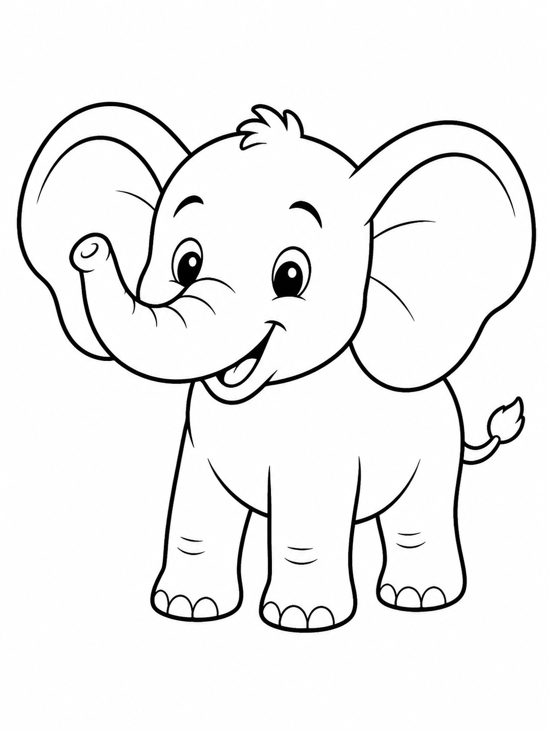 A smiling elephant with large ears coloring page Printable kids coloring page with a smiling elephant with large ears in bold black-and-white line art. | Sky Rye Design Printable kids coloring page with a smiling elephant with large ears in bold black-and-white line art.