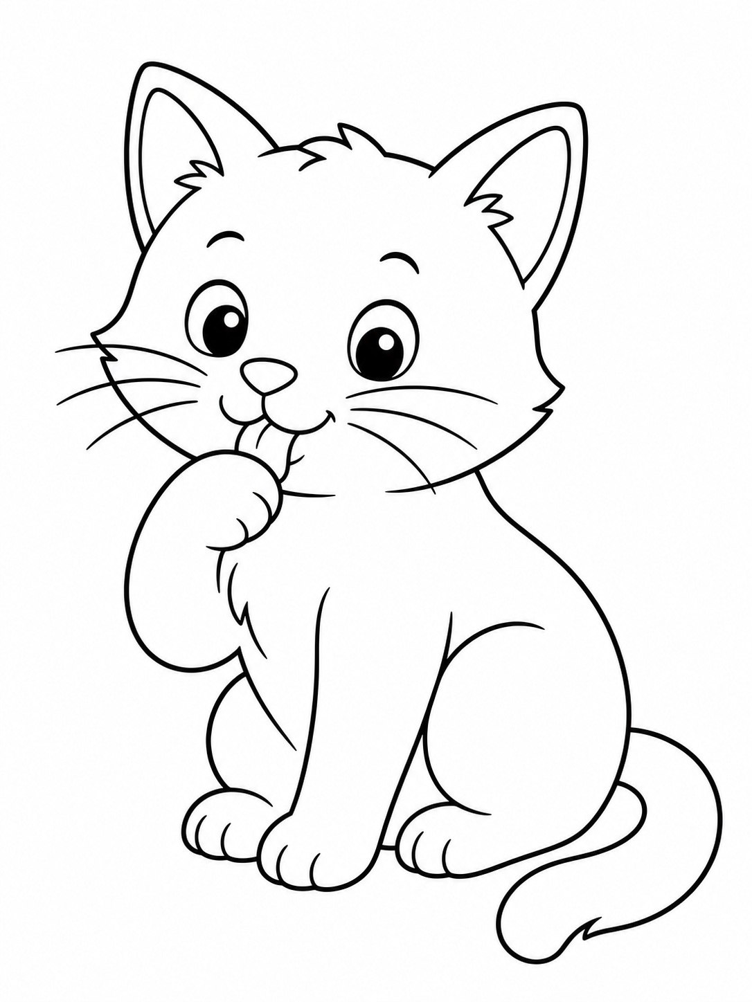 A cat sitting and licking its paw coloring page Printable kids coloring page with a cat sitting and licking its paw in bold black-and-white line art. | Sky Rye Design Printable kids coloring page with a cat sitting and licking its paw in bold black-and-white line art.