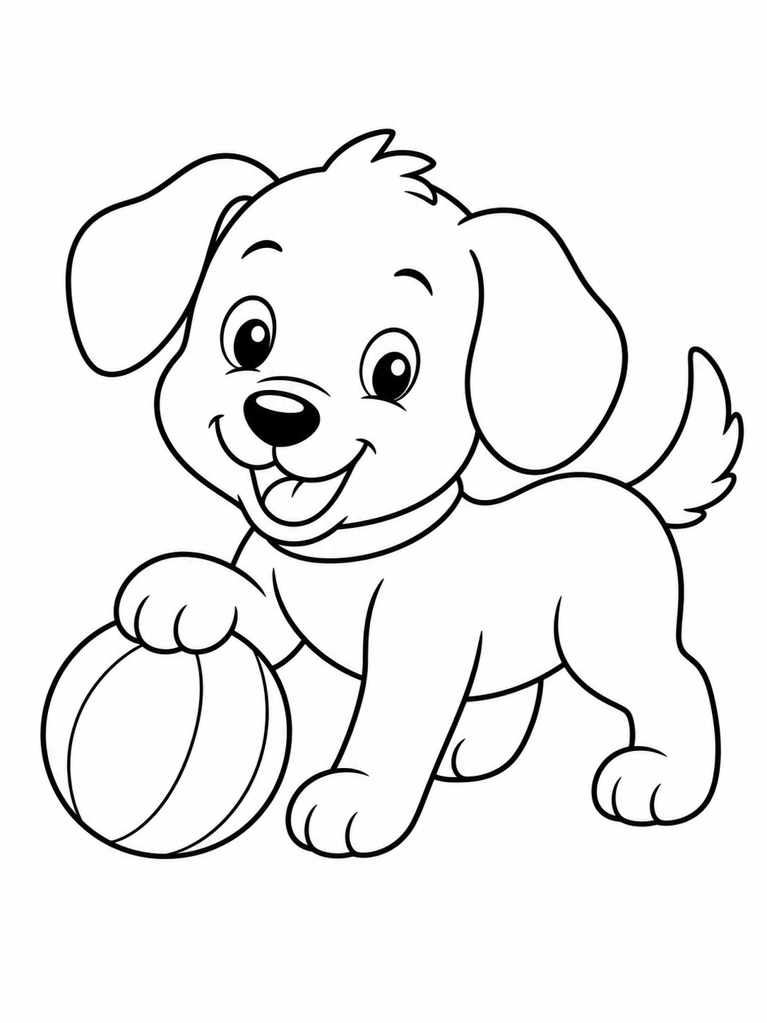 A puppy playing with a ball coloring page Printable kids coloring page with a puppy playing with a ball in bold black-and-white line art. | Sky Rye Design Printable kids coloring page with a puppy playing with a ball in bold black-and-white line art.