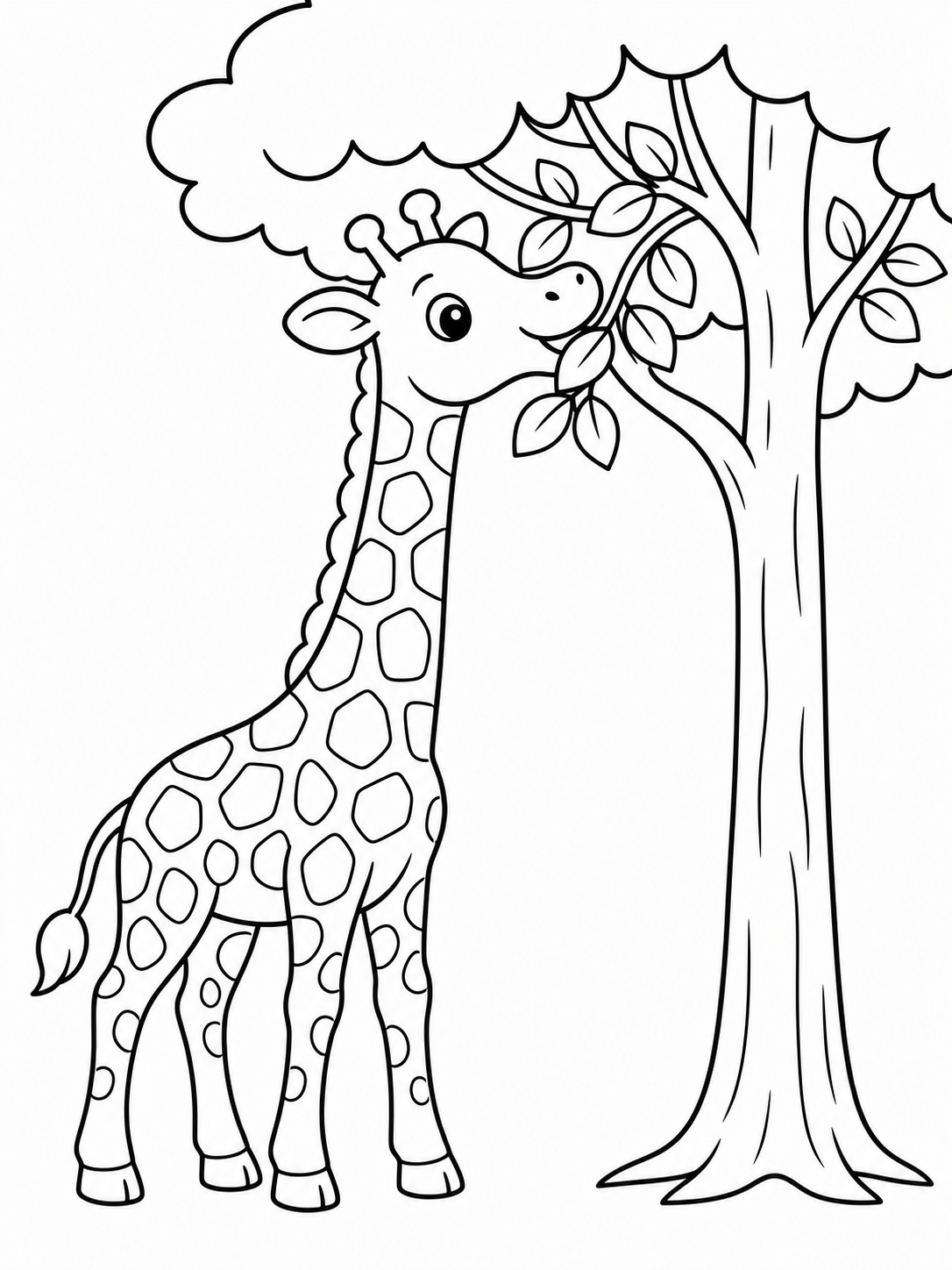 A giraffe reaching for leaves coloring page Printable kids coloring page with a giraffe reaching for leaves in bold black-and-white line art. | Sky Rye Design Printable kids coloring page with a giraffe reaching for leaves in bold black-and-white line art.