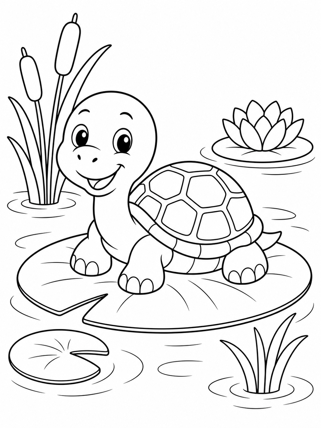 A turtle on a lily pad coloring page Printable kids coloring page with a turtle on a lily pad in bold black-and-white line art. | Sky Rye Design Printable kids coloring page with a turtle on a lily pad in bold black-and-white line art.