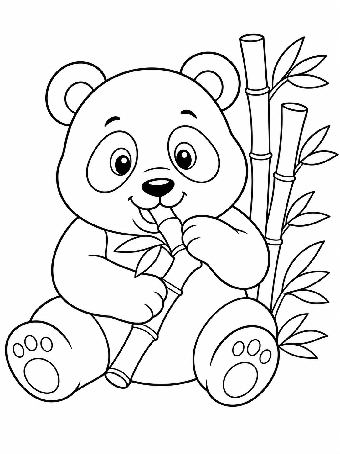 A panda eating bamboo coloring page Printable kids coloring page with a panda eating bamboo in bold black-and-white line art. | Sky Rye Design Printable kids coloring page with a panda eating bamboo in bold black-and-white line art.