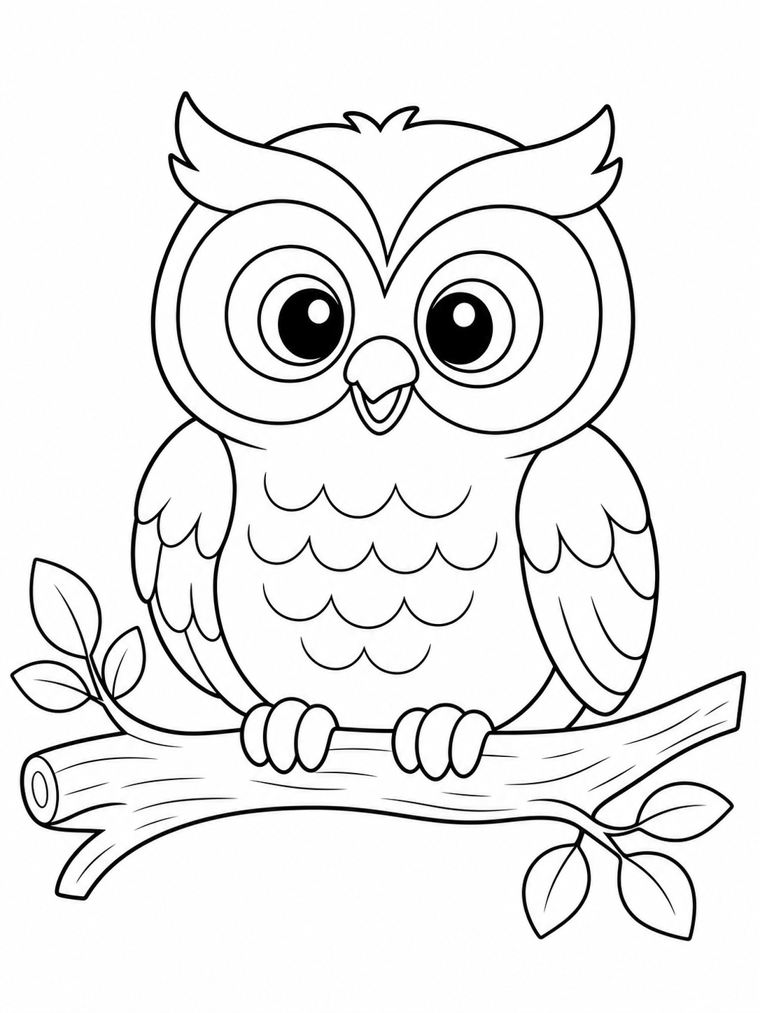 An owl perched on a branch coloring page Printable kids coloring page with an owl perched on a branch in bold black-and-white line art. | Sky Rye Design Printable kids coloring page with an owl perched on a branch in bold black-and-white line art.