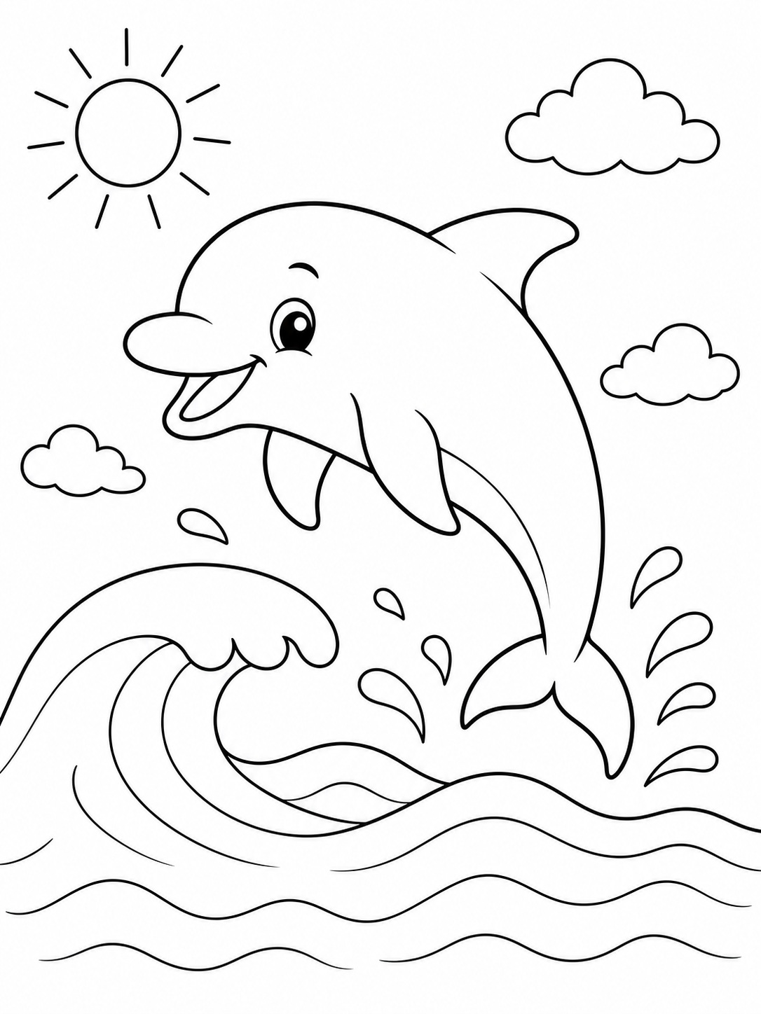 A dolphin jumping over waves coloring page Printable kids coloring page with a dolphin jumping over waves in bold black-and-white line art. | Sky Rye Design Printable kids coloring page with a dolphin jumping over waves in bold black-and-white line art.