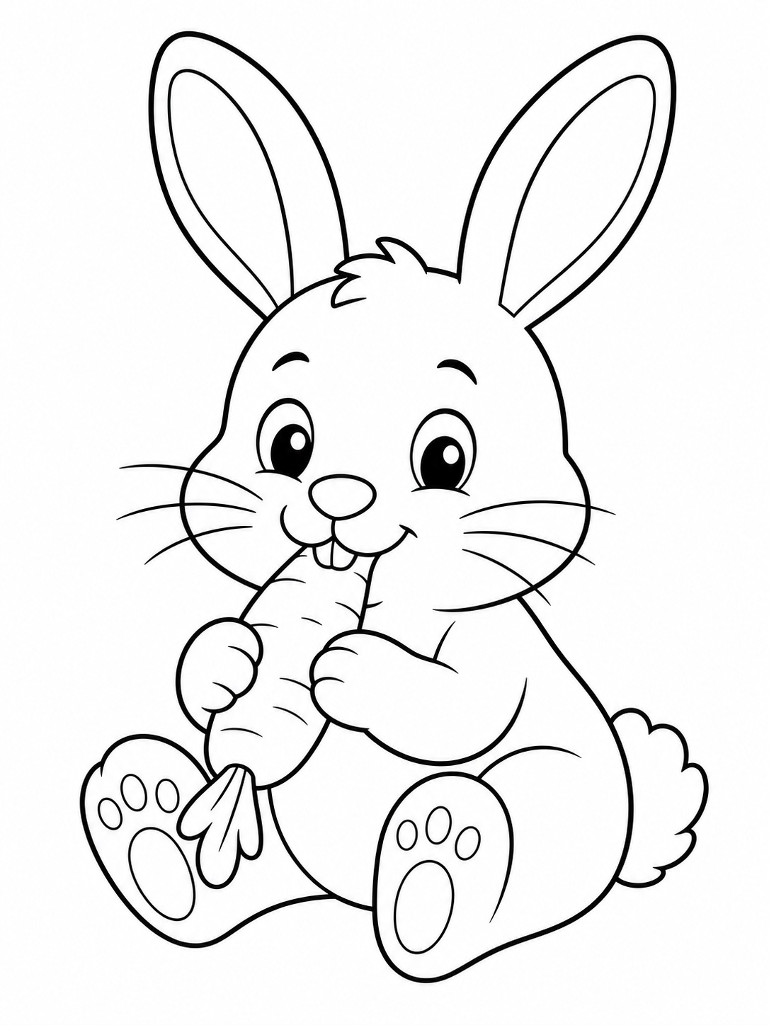 A rabbit nibbling a carrot coloring page Printable kids coloring page with a rabbit nibbling a carrot in bold black-and-white line art. | Sky Rye Design Printable kids coloring page with a rabbit nibbling a carrot in bold black-and-white line art.