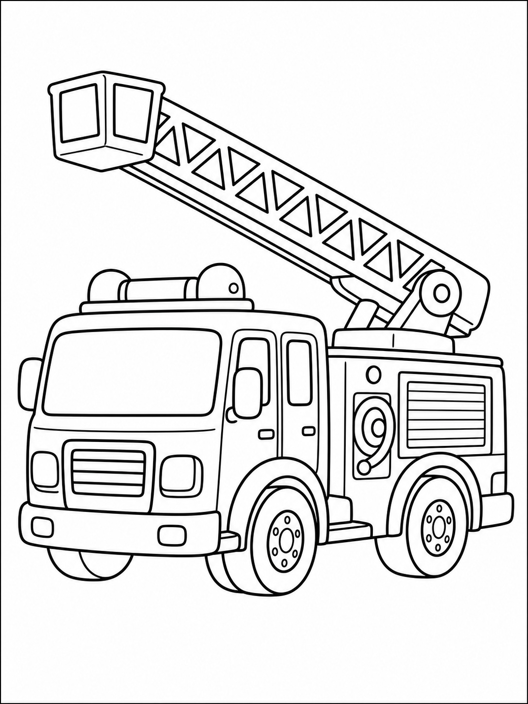 A fire truck with a ladder extended coloring page Printable kids coloring page with a fire truck with a ladder extended in bold black-and-white line art. | Sky Rye Design Printable kids coloring page with a fire truck with a ladder extended in bold black-and-white line art.