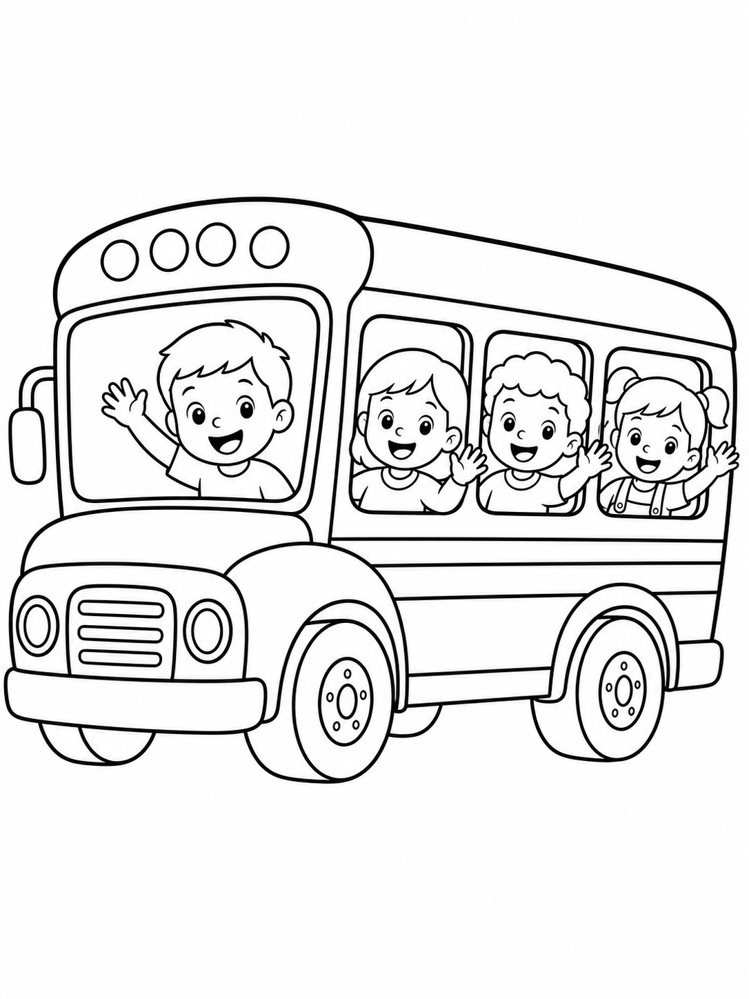 A school bus with kids waving from windows coloring page Printable kids coloring page with a school bus with kids waving from windows in bold black-and-white line art. | Sky Rye Design Printable kids coloring page with a school bus with kids waving from windows in bold black-and-white line art.