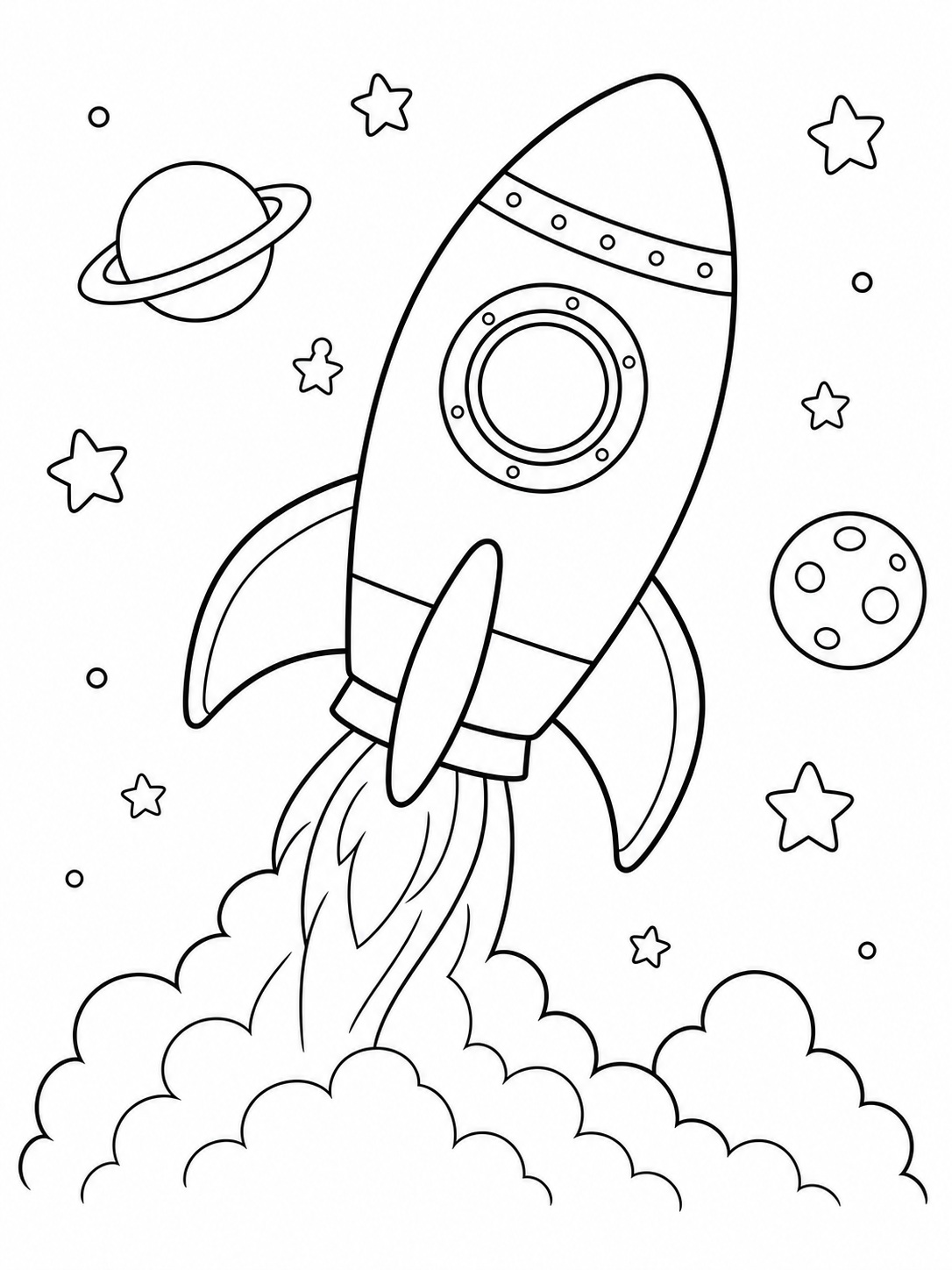 A rocket ship blasting off coloring page Printable kids coloring page with a rocket ship blasting off in bold black-and-white line art. | Sky Rye Design Printable kids coloring page with a rocket ship blasting off in bold black-and-white line art.
