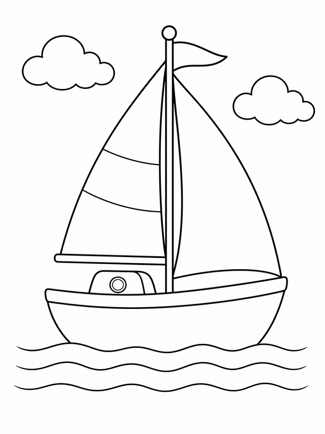A sailboat on calm water coloring page Line drawing of a sailboat on wavy water with clouds, suitable for coloring. | Sky Rye Design Printable kids coloring page with a sailboat on calm water in bold black-and-white line art.