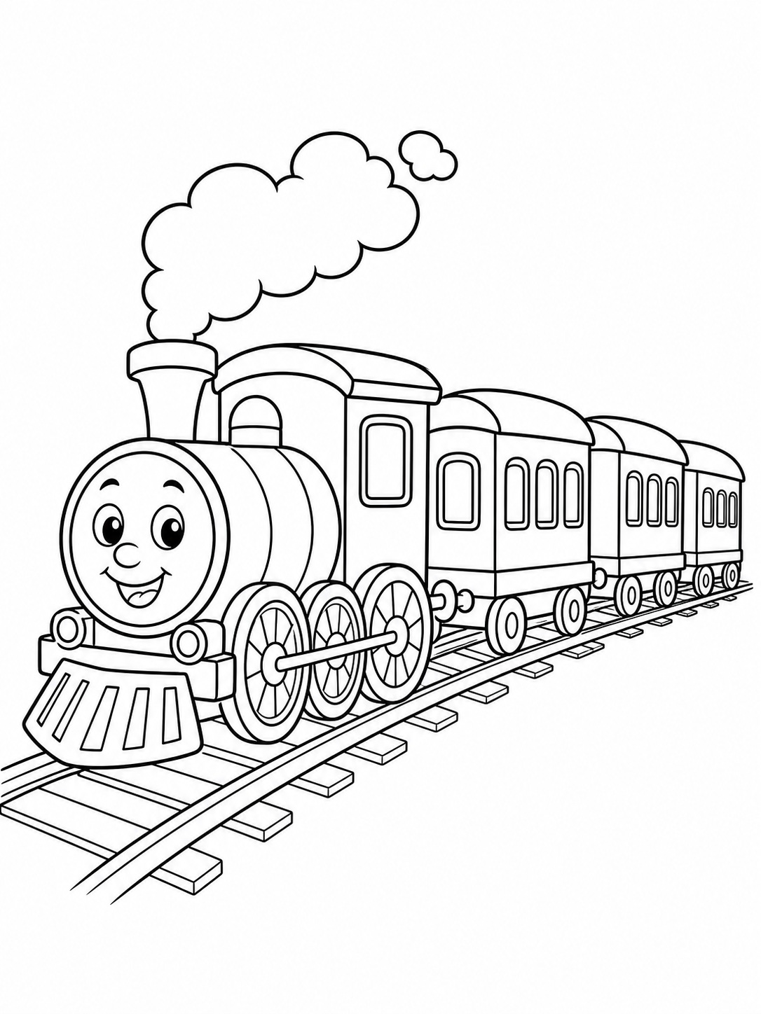 A train with several connected cars coloring page Printable kids coloring page with a train with several connected cars in bold black-and-white line art. | Sky Rye Design Printable kids coloring page with a train with several connected cars in bold black-and-white line art.