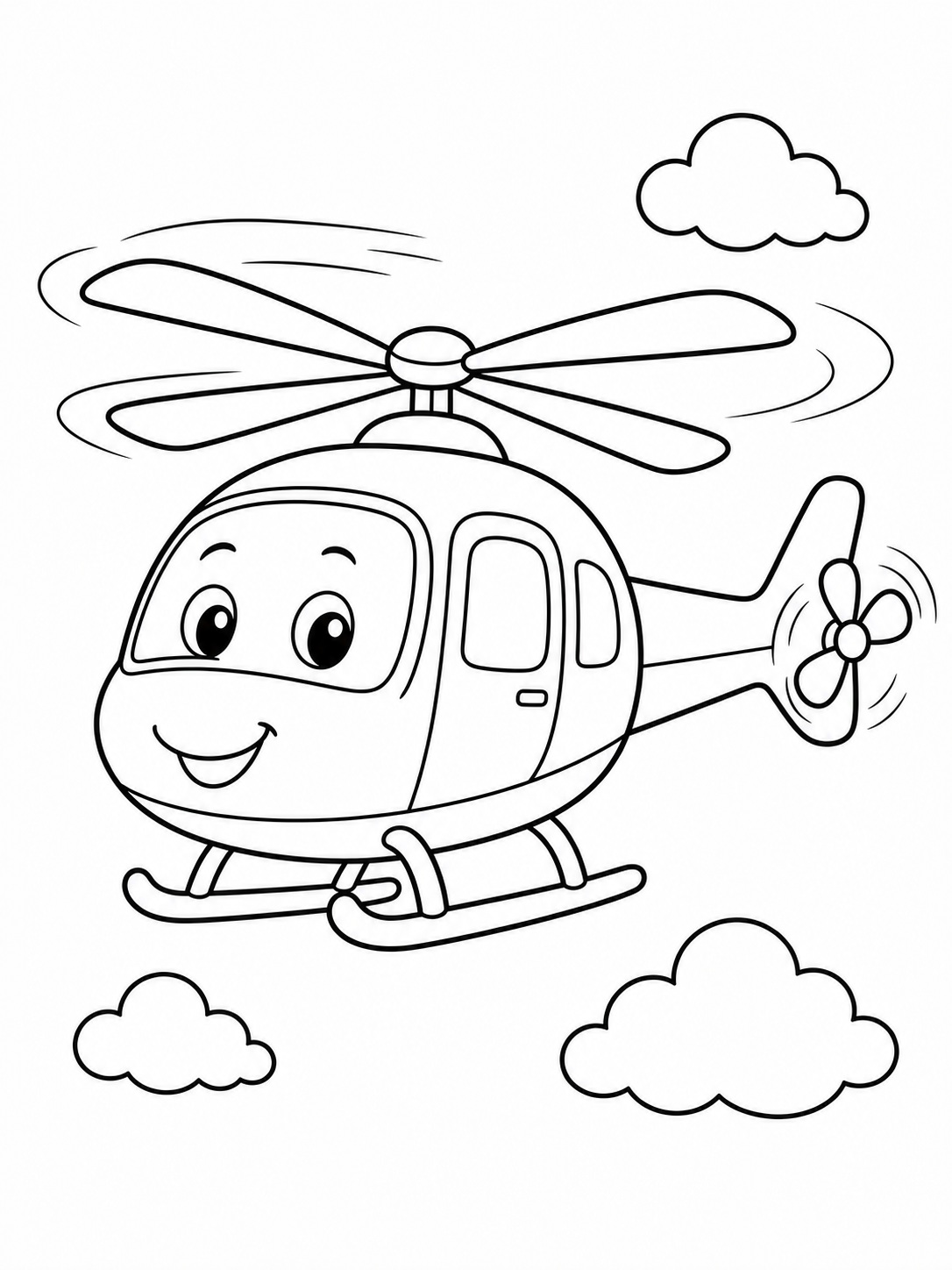 A helicopter with spinning blades coloring page Printable kids coloring page with a helicopter with spinning blades in bold black-and-white line art. | Sky Rye Design Printable kids coloring page with a helicopter with spinning blades in bold black-and-white line art.