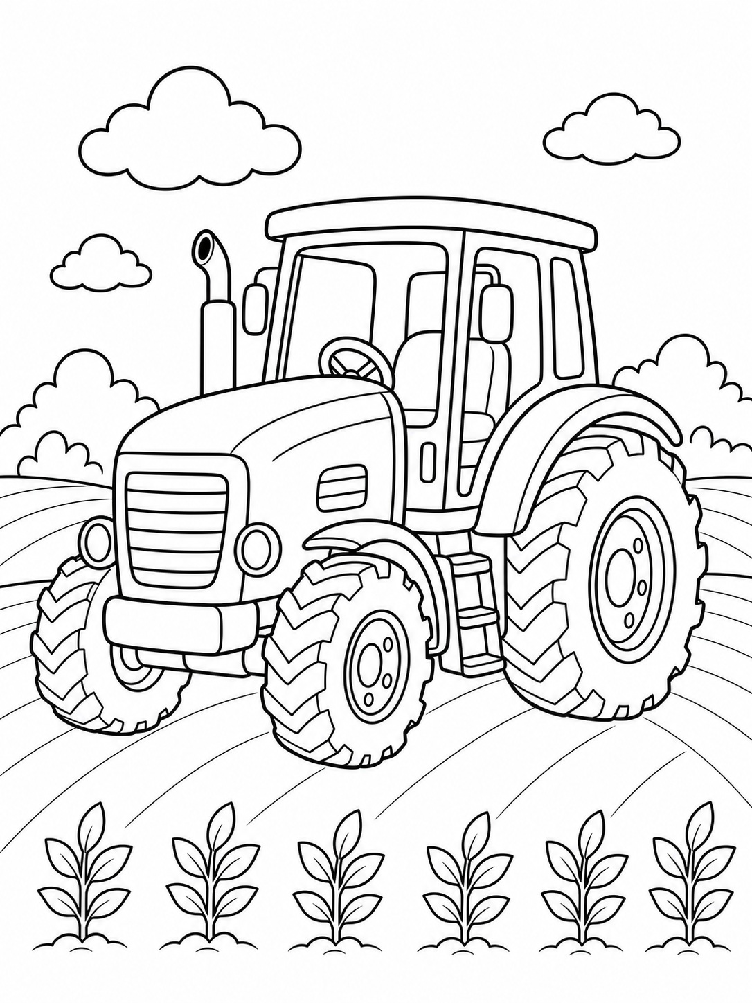 A tractor in a farm field coloring page Printable kids coloring page with a tractor in a farm field in bold black-and-white line art. | Sky Rye Design Printable kids coloring page with a tractor in a farm field in bold black-and-white line art.