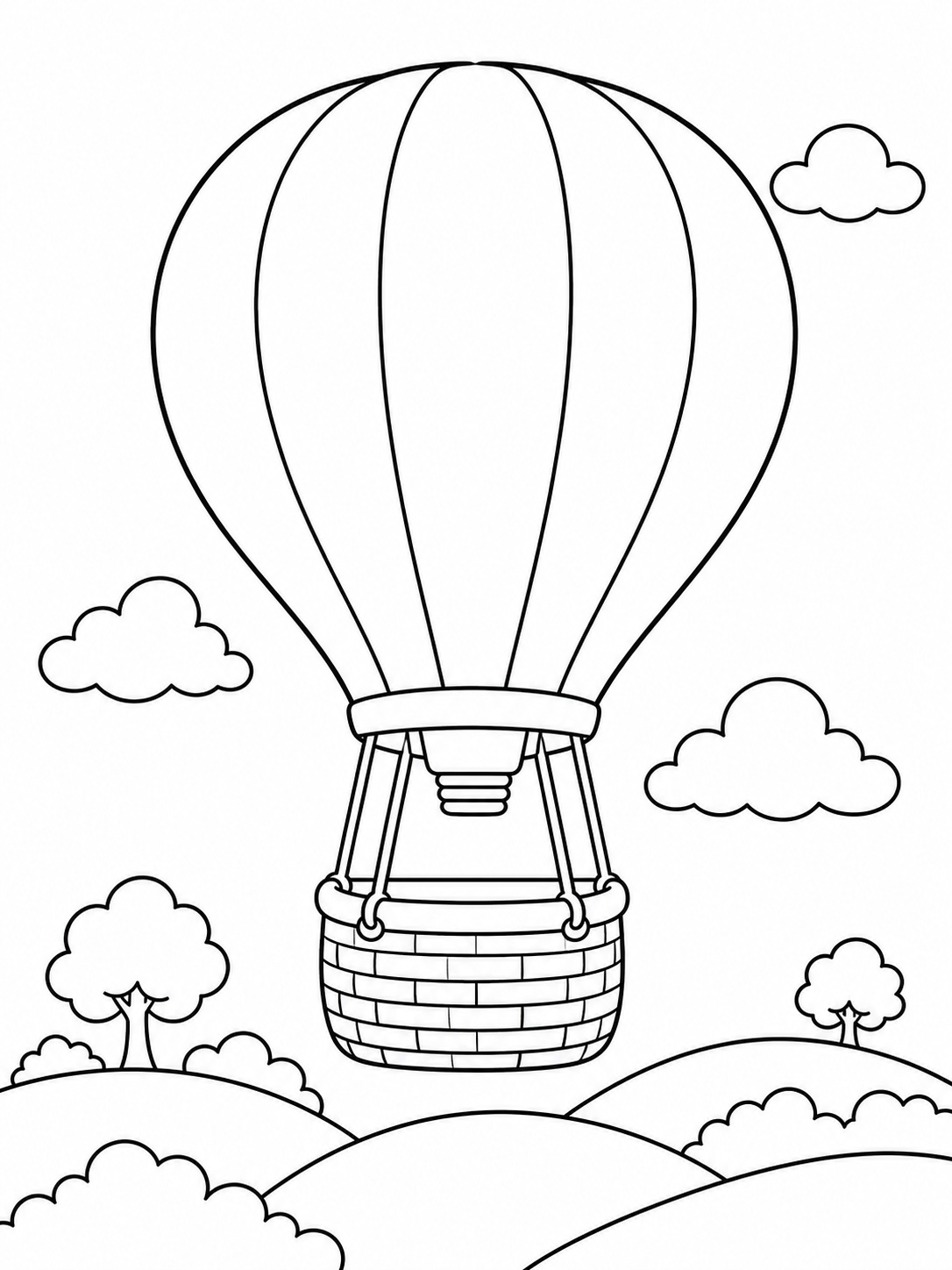 A hot air balloon floating over hills coloring page Printable kids coloring page with a hot air balloon floating over hills in bold black-and-white line art. | Sky Rye Design Printable kids coloring page with a hot air balloon floating over hills in bold black-and-white line art.