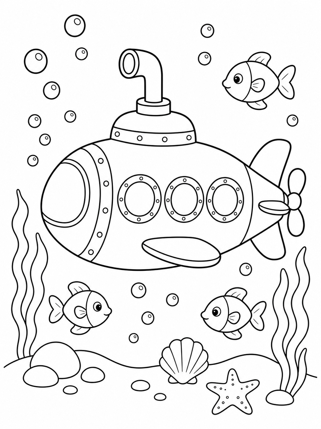 A submarine underwater with bubbles coloring page Printable kids coloring page with a submarine underwater with bubbles in bold black-and-white line art. | Sky Rye Design Printable kids coloring page with a submarine underwater with bubbles in bold black-and-white line art.