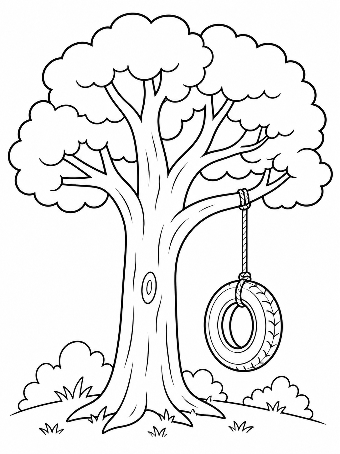 A tall tree with a tire swing coloring page Printable kids coloring page with a tall tree with a tire swing in bold black-and-white line art. | Sky Rye Design Printable kids coloring page with a tall tree with a tire swing in bold black-and-white line art.