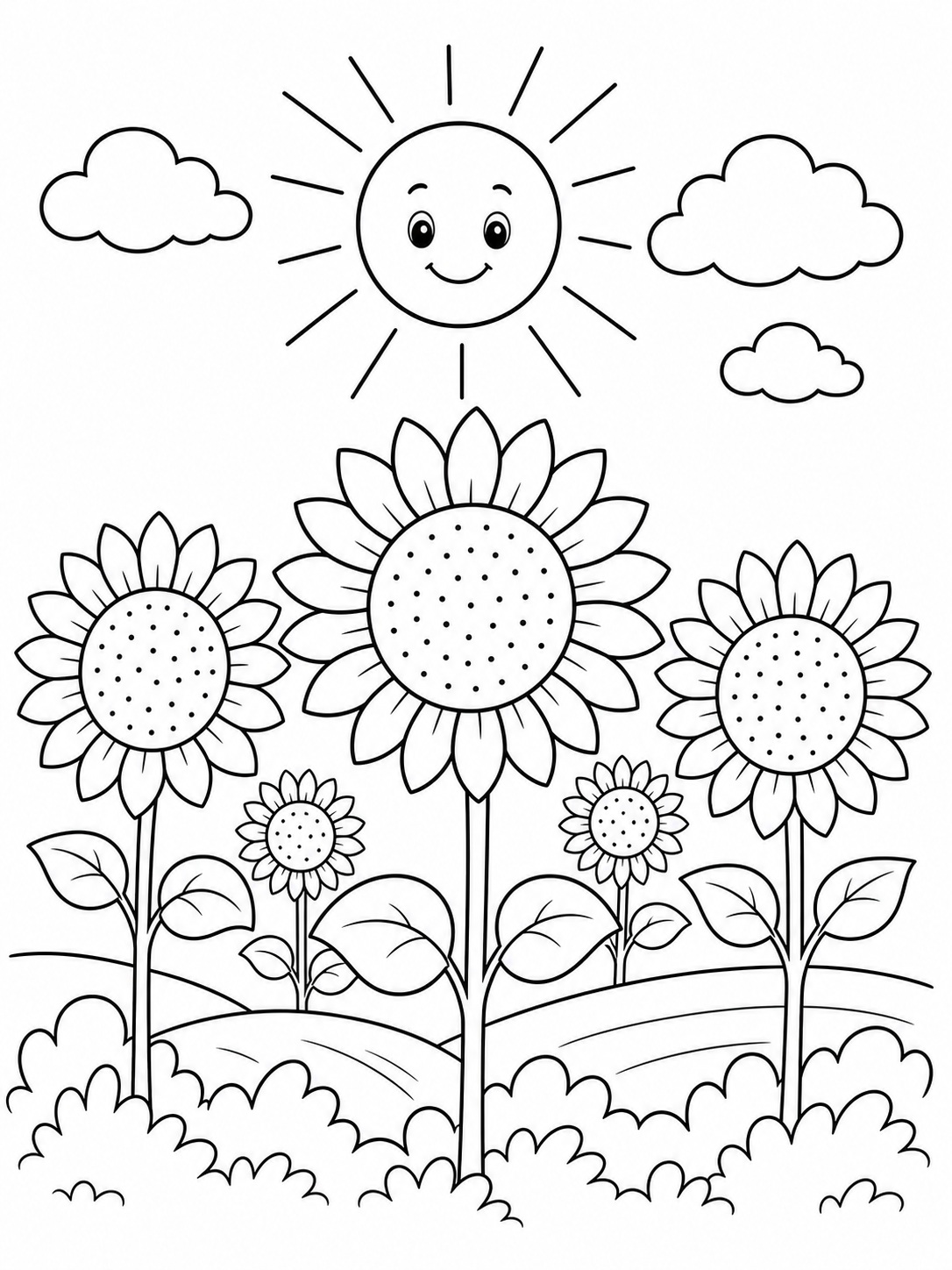 A sunflower field under a bright sun coloring page Printable kids coloring page with a sunflower field under a bright sun in bold black-and-white line art. | Sky Rye Design Printable kids coloring page with a sunflower field under a bright sun in bold black-and-white line art.