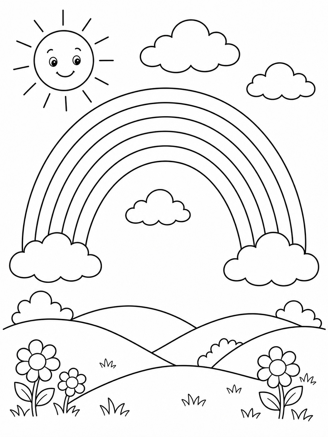 A rainbow over rolling hills coloring page Printable kids coloring page with a rainbow over rolling hills in bold black-and-white line art. | Sky Rye Design Printable kids coloring page with a rainbow over rolling hills in bold black-and-white line art.