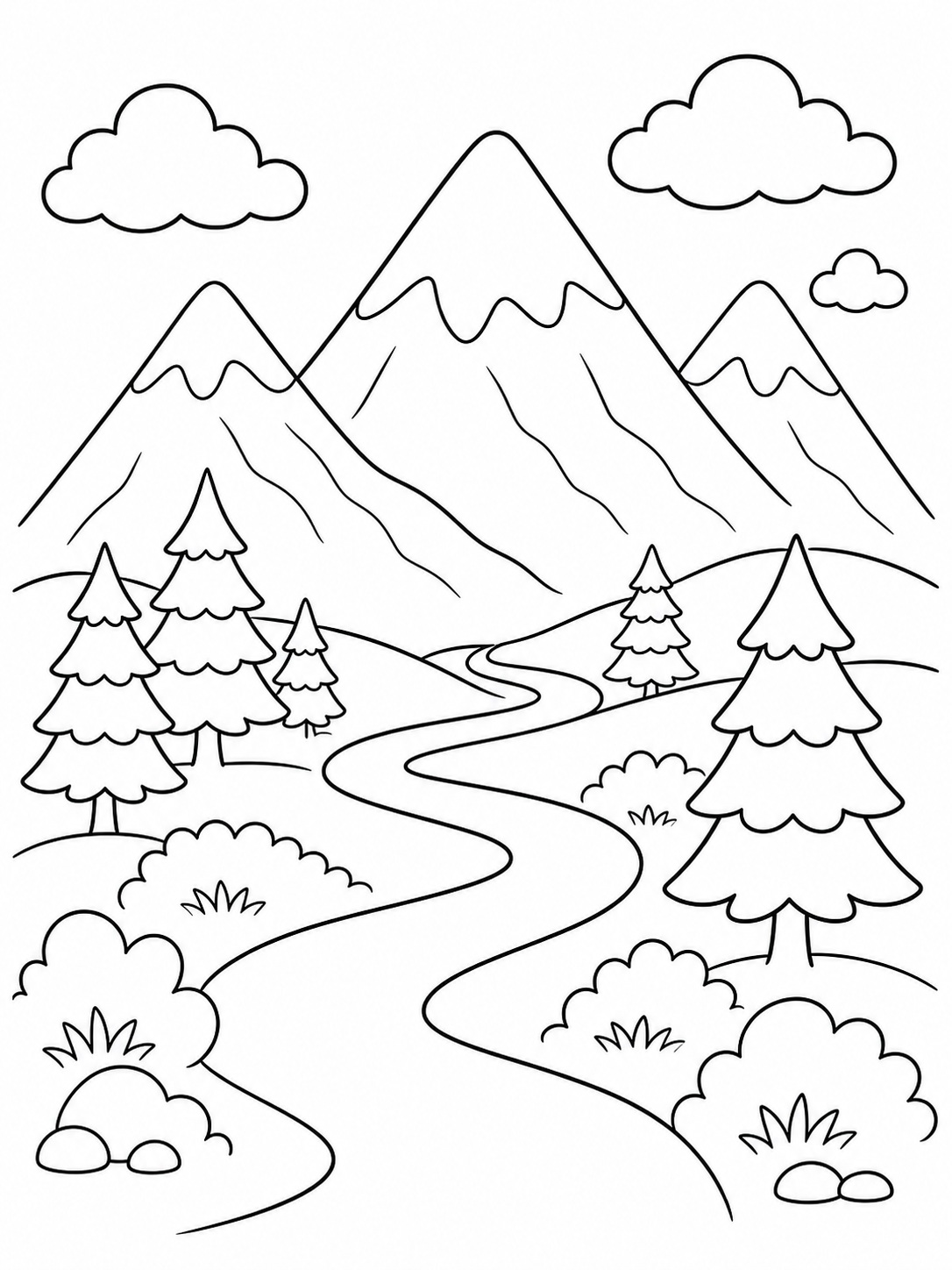 A mountain scene with a winding path coloring page Printable kids coloring page with a mountain scene with a winding path in bold black-and-white line art. | Sky Rye Design Printable kids coloring page with a mountain scene with a winding path in bold black-and-white line art.
