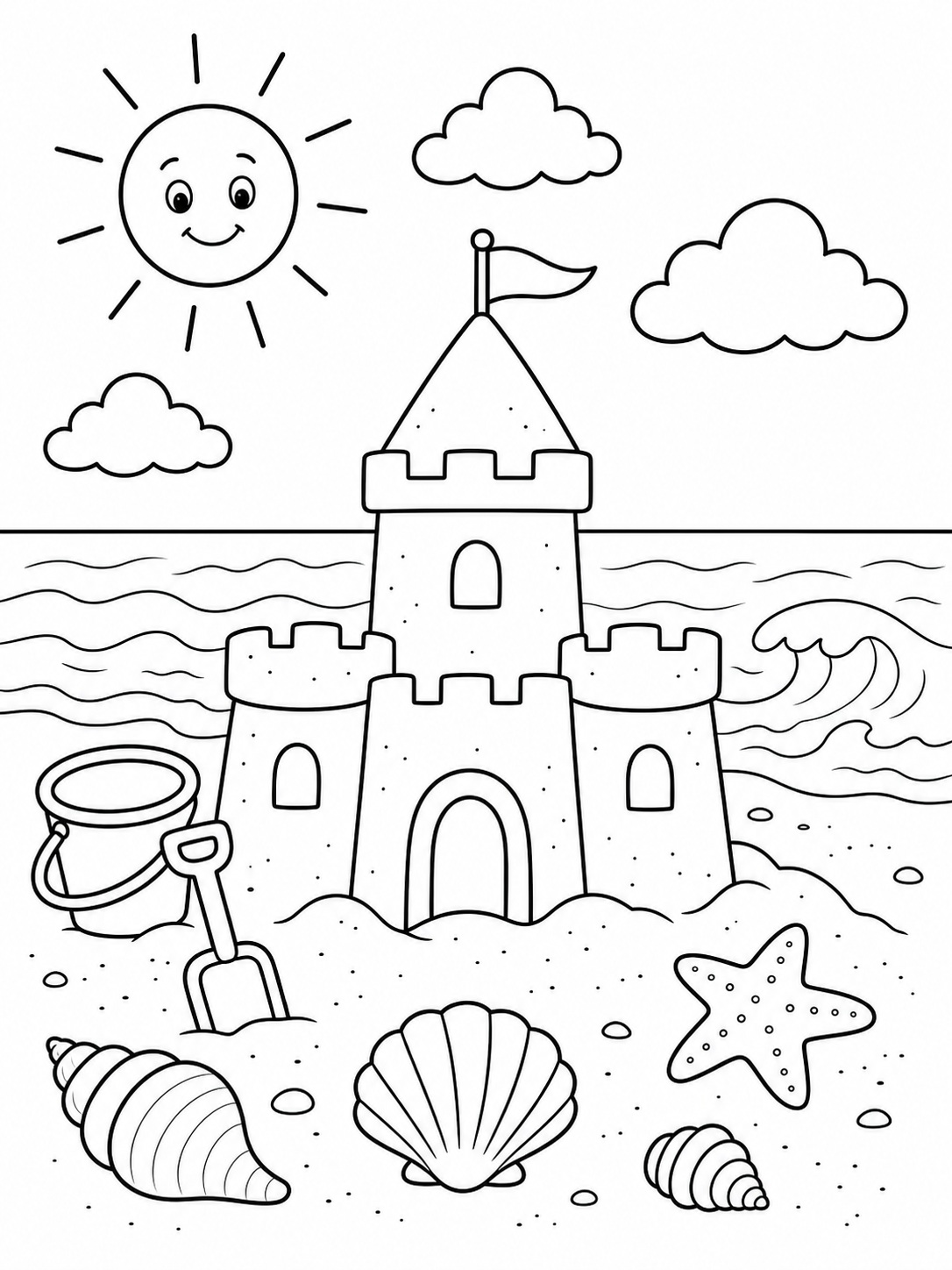 A beach with a sandcastle and shells coloring page Printable kids coloring page with a beach with a sandcastle and shells in bold black-and-white line art. | Sky Rye Design Printable kids coloring page with a beach with a sandcastle and shells in bold black-and-white line art.