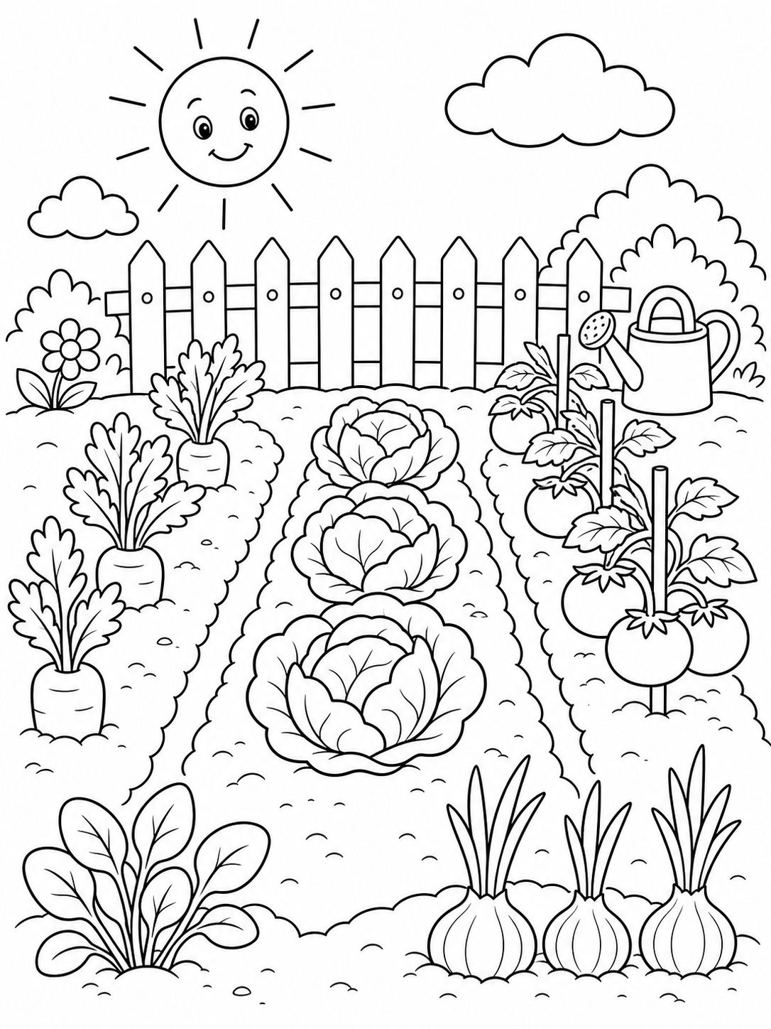 A garden with rows of vegetables coloring page Printable kids coloring page with a garden with rows of vegetables in bold black-and-white line art. | Sky Rye Design Printable kids coloring page with a garden with rows of vegetables in bold black-and-white line art.