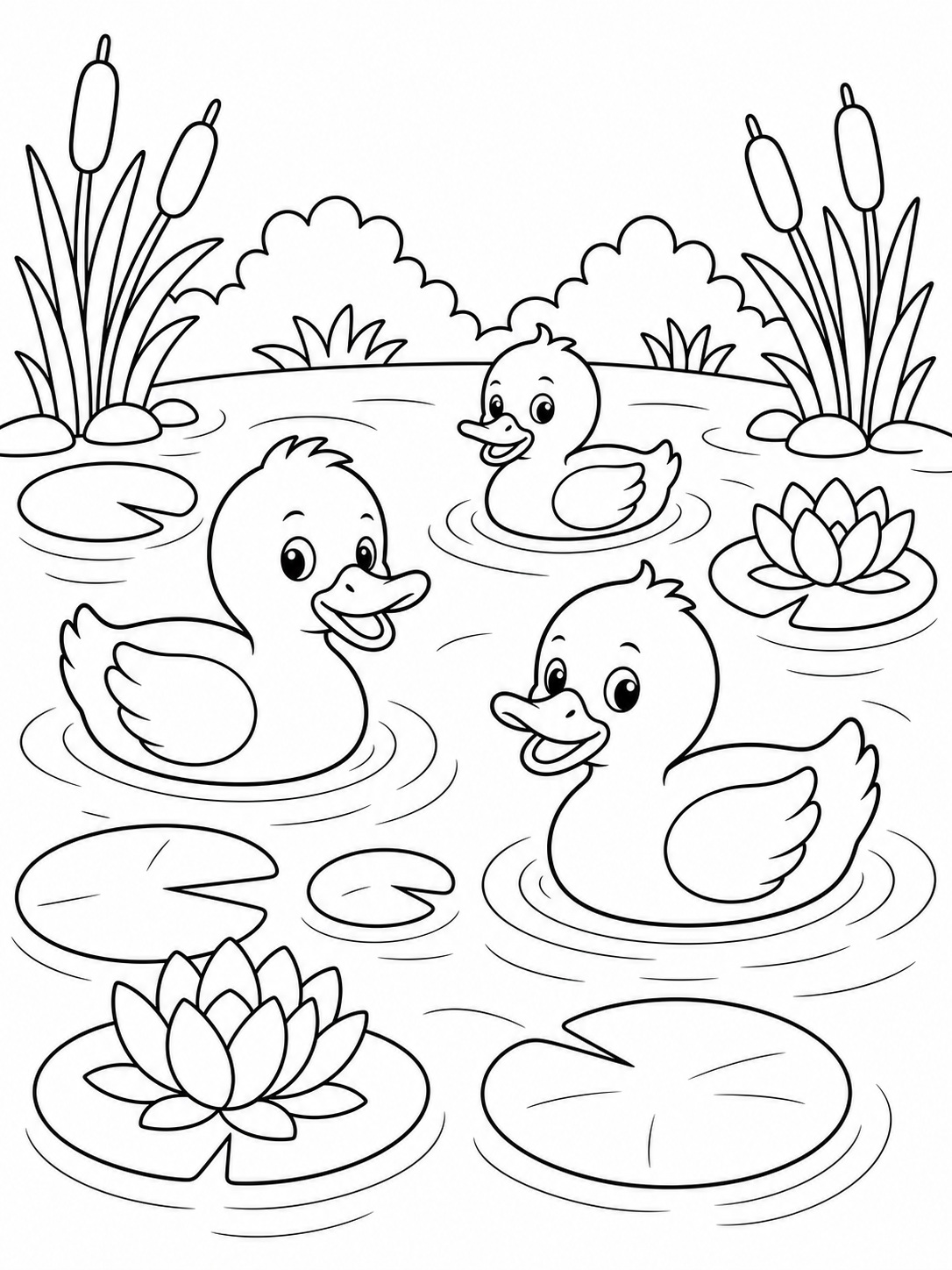 A pond with ducks and lily pads coloring page Printable kids coloring page with a pond with ducks and lily pads in bold black-and-white line art. | Sky Rye Design Printable kids coloring page with a pond with ducks and lily pads in bold black-and-white line art.