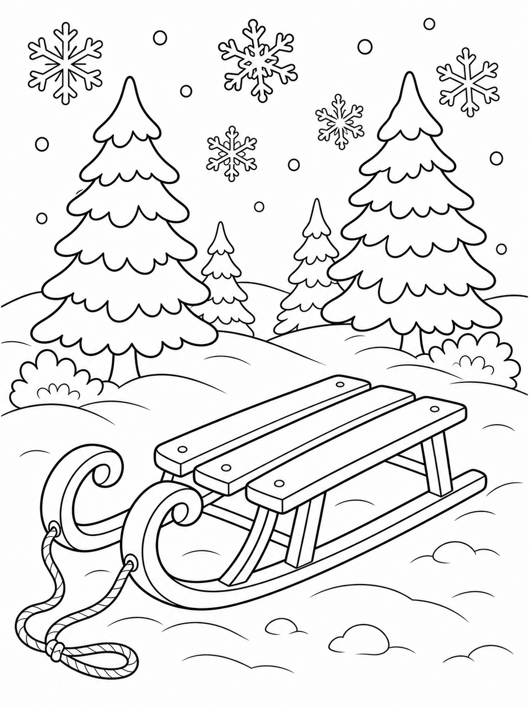 A snowy scene with a sled and pine trees coloring page Printable kids coloring page with a snowy scene with a sled and pine trees in bold black-and-white line art. | Sky Rye Design Printable kids coloring page with a snowy scene with a sled and pine trees in bold black-and-white line art.
