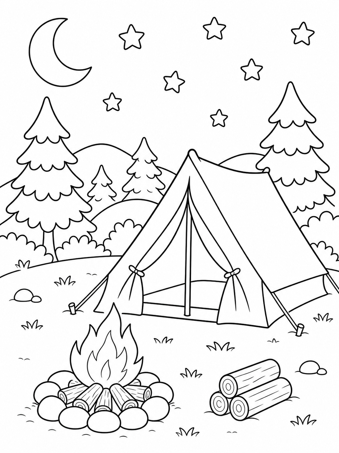 A campsite with a tent and campfire coloring page Printable kids coloring page with a campsite with a tent and campfire in bold black-and-white line art. | Sky Rye Design Printable kids coloring page with a campsite with a tent and campfire in bold black-and-white line art.