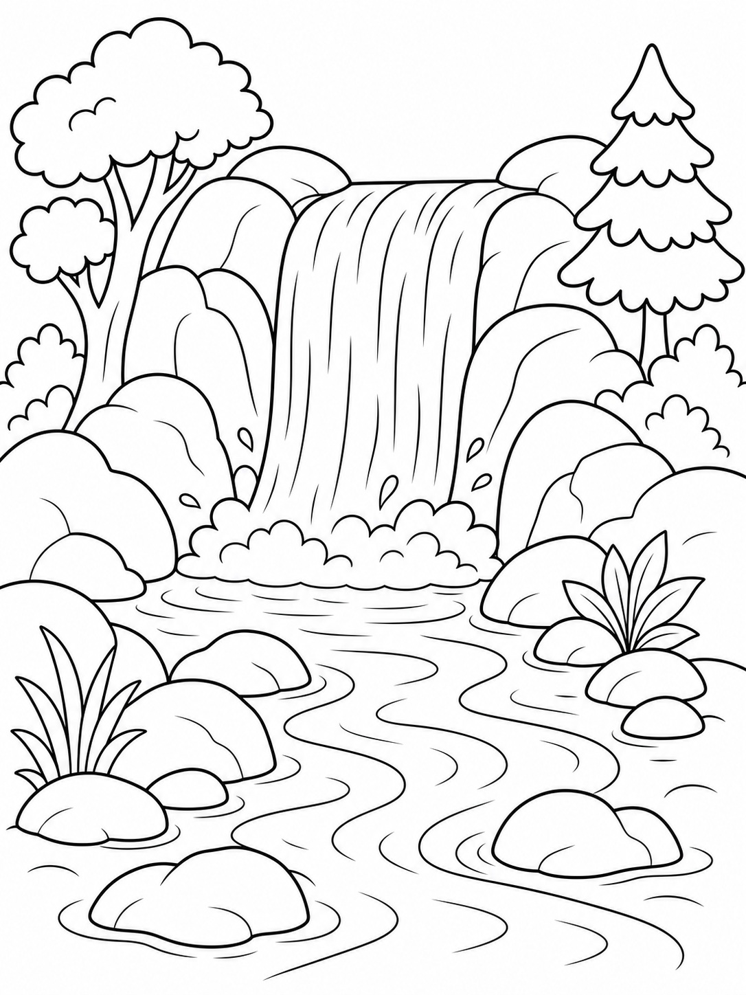 A waterfall flowing into a river coloring page Printable kids coloring page with a waterfall flowing into a river in bold black-and-white line art. | Sky Rye Design Printable kids coloring page with a waterfall flowing into a river in bold black-and-white line art.