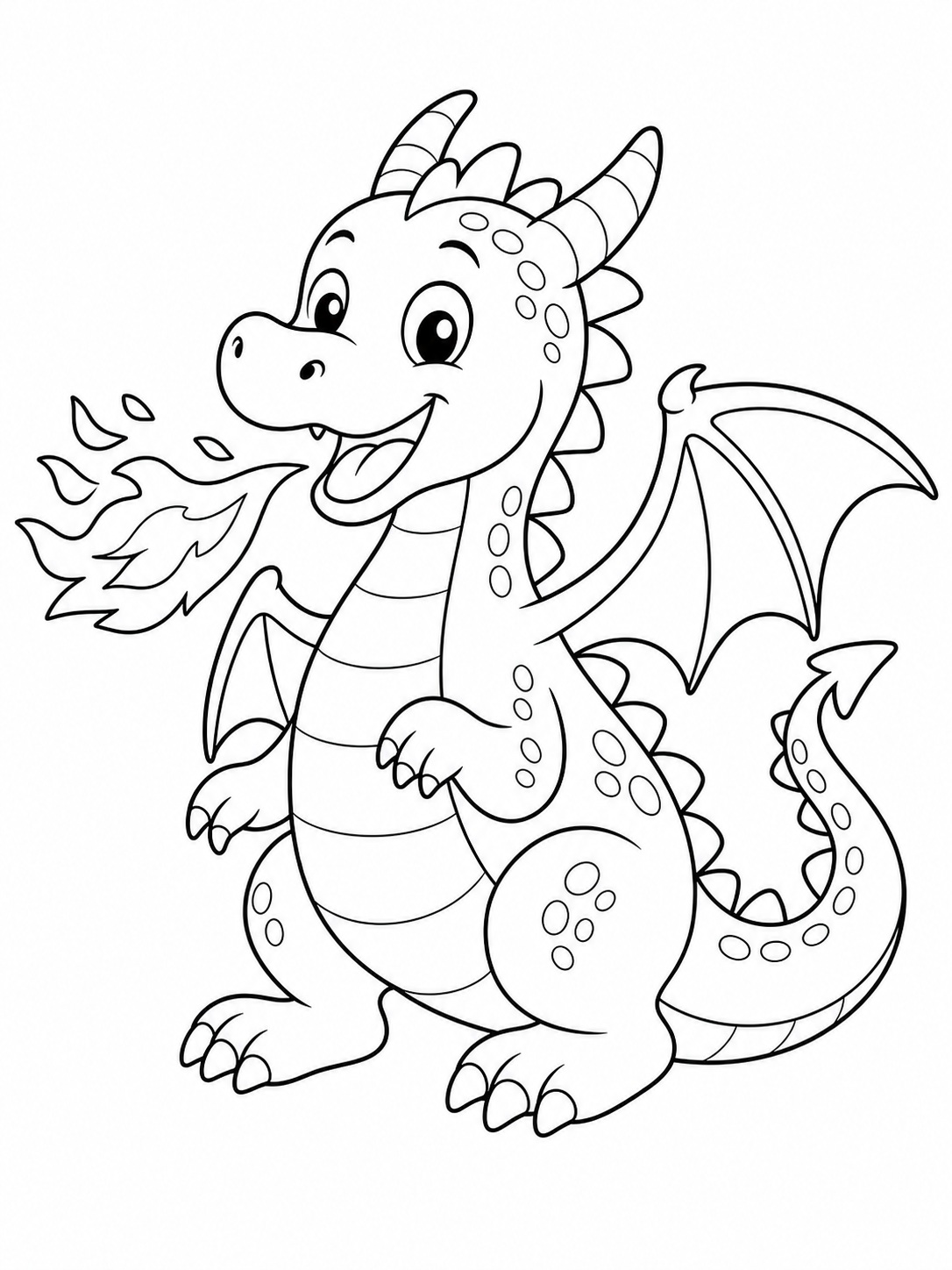 A friendly dragon breathing small flames coloring page Printable kids coloring page with a friendly dragon breathing small flames in bold black-and-white line art. | Sky Rye Design Printable kids coloring page with a friendly dragon breathing small flames in bold black-and-white line art.