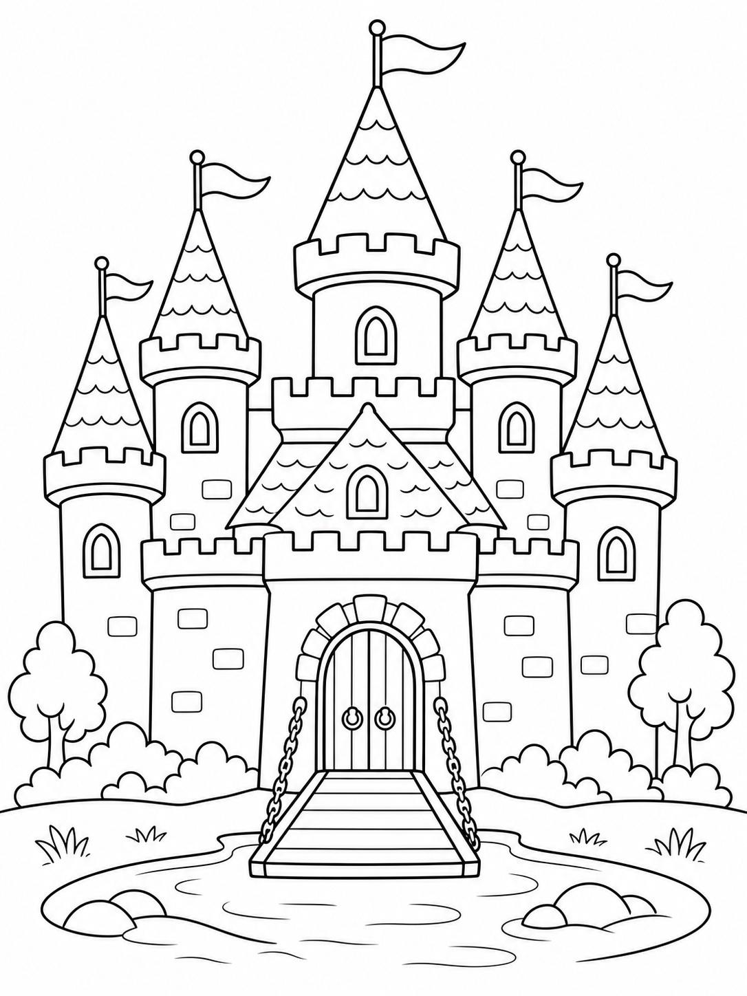 A castle with tall towers and flags coloring page Printable kids coloring page with a castle with tall towers and flags in bold black-and-white line art. | Sky Rye Design Printable kids coloring page with a castle with tall towers and flags in bold black-and-white line art.