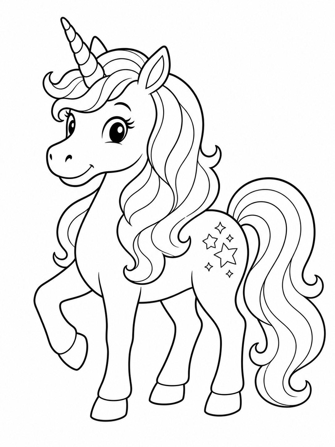 A unicorn with a flowing mane coloring page Printable kids coloring page with a unicorn with a flowing mane in bold black-and-white line art. | Sky Rye Design Printable kids coloring page with a unicorn with a flowing mane in bold black-and-white line art.