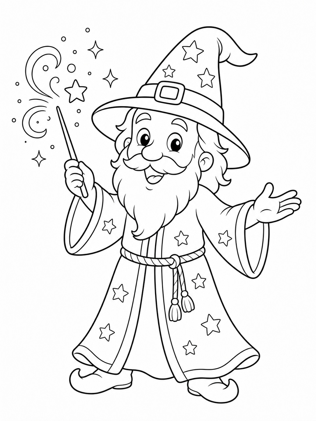 A wizard casting a spell with a wand coloring page Printable kids coloring page with a wizard casting a spell with a wand in bold black-and-white line art. | Sky Rye Design Printable kids coloring page with a wizard casting a spell with a wand in bold black-and-white line art.