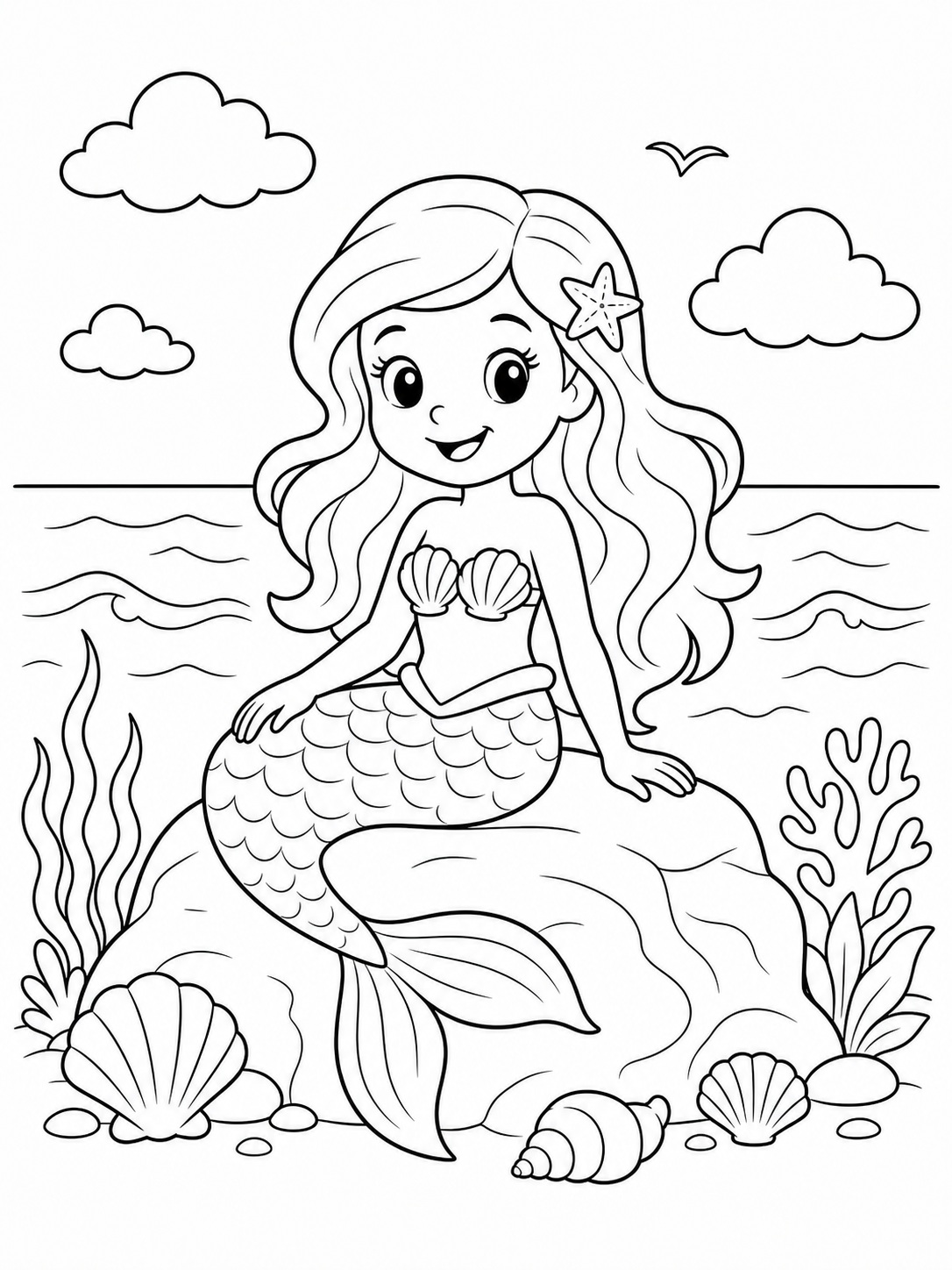 A mermaid sitting on a rock by the sea coloring page Printable kids coloring page with a mermaid sitting on a rock by the sea in bold black-and-white line art. | Sky Rye Design Printable kids coloring page with a mermaid sitting on a rock by the sea in bold black-and-white line art.