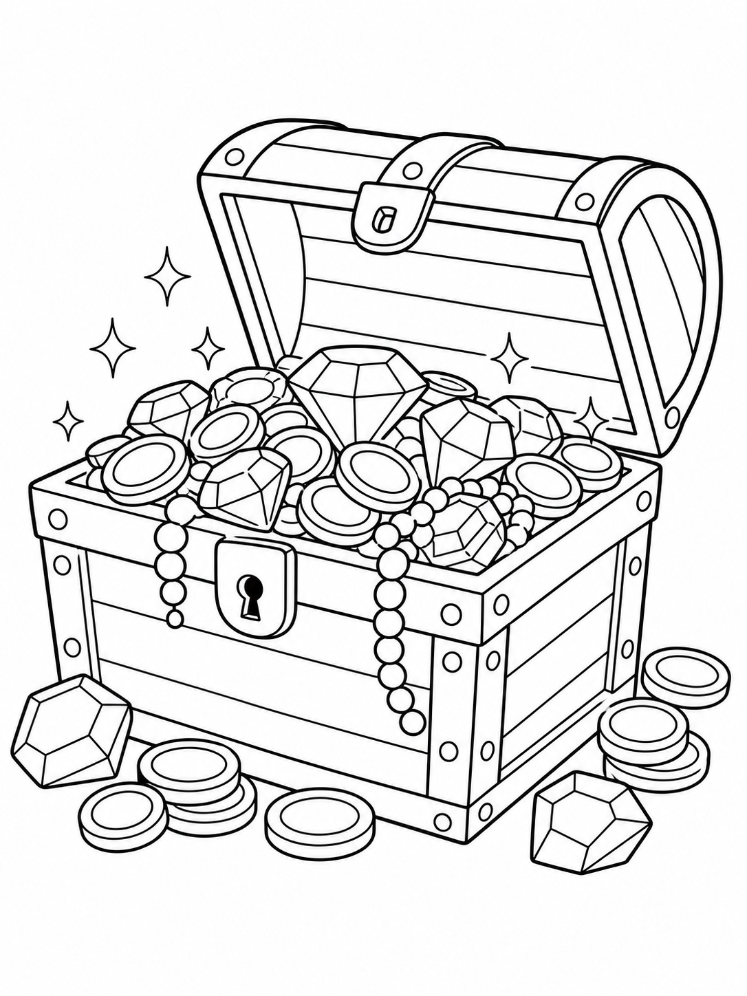 A treasure chest overflowing with gems coloring page Printable kids coloring page with a treasure chest overflowing with gems in bold black-and-white line art. | Sky Rye Design Printable kids coloring page with a treasure chest overflowing with gems in bold black-and-white line art.