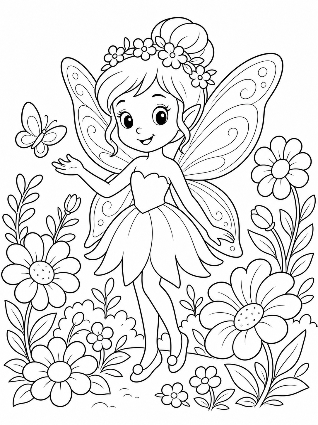A fairy with delicate wings in a flower garden coloring page Printable kids coloring page with a fairy with delicate wings in a flower garden in bold black-and-white line art. | Sky Rye Design Printable kids coloring page with a fairy with delicate wings in a flower garden in bold black-and-white line art.