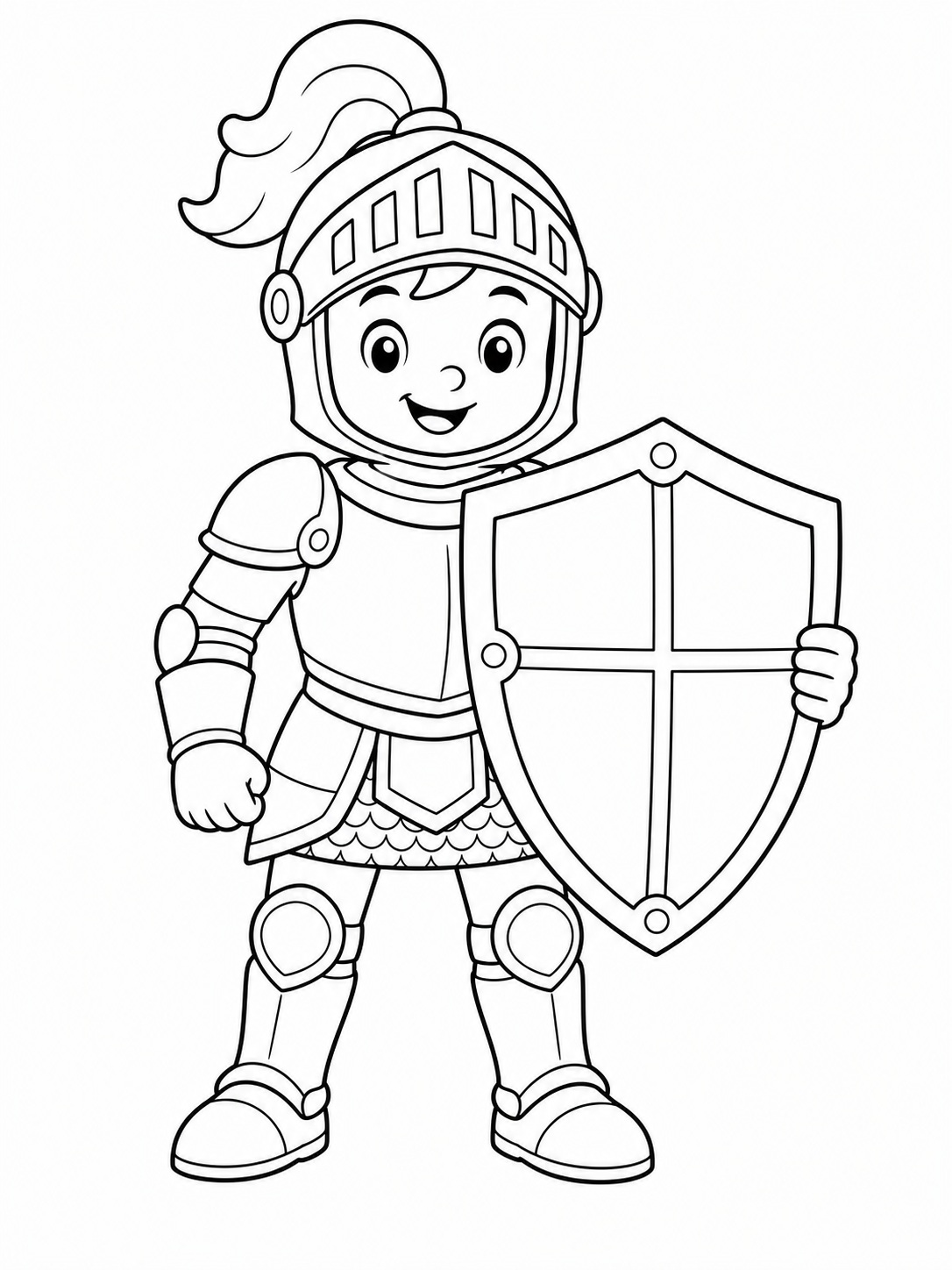 A knight in armor holding a shield coloring page Printable kids coloring page with a knight in armor holding a shield in bold black-and-white line art. | Sky Rye Design Printable kids coloring page with a knight in armor holding a shield in bold black-and-white line art.