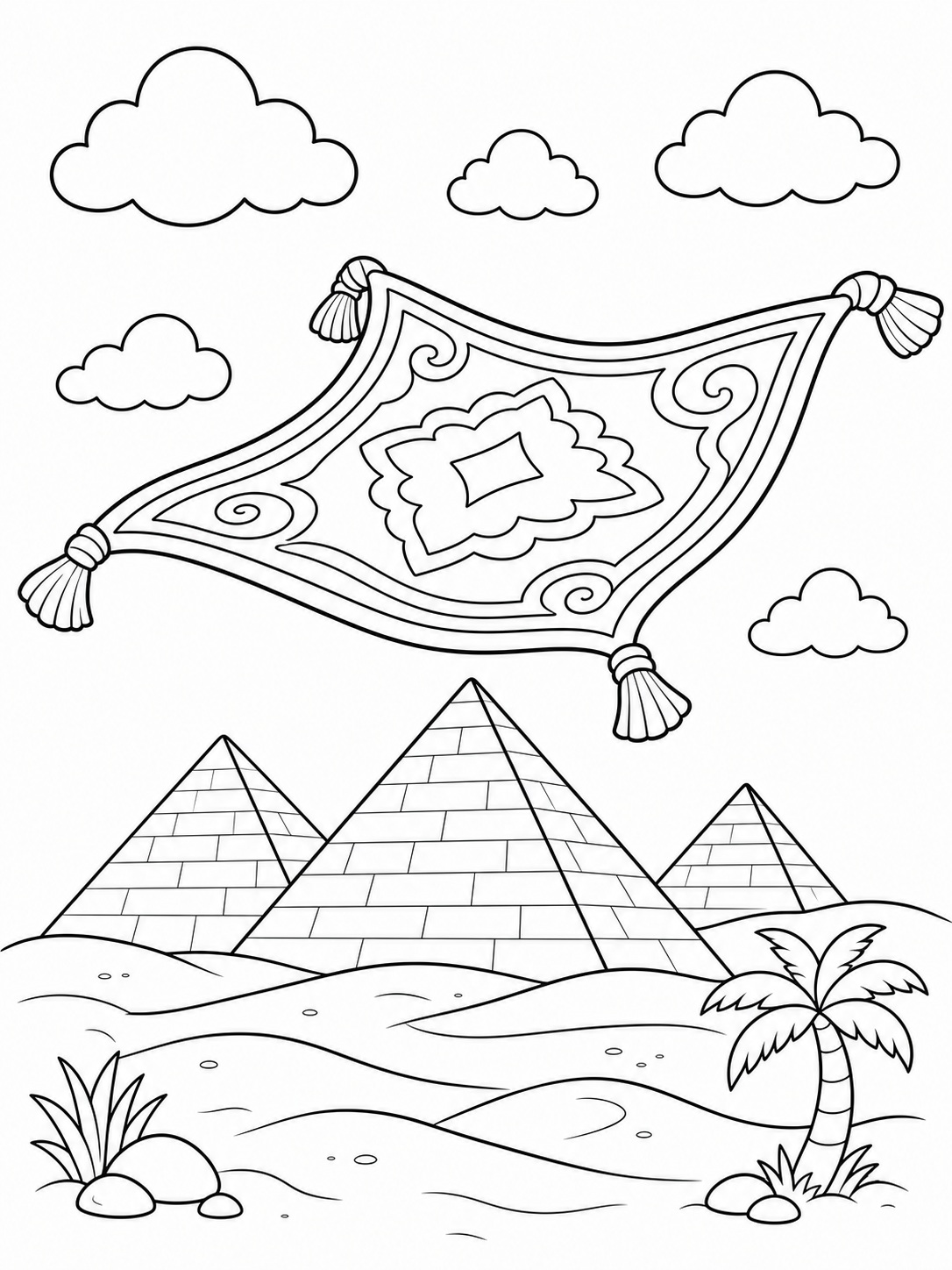 A magic carpet flying over a desert coloring page Printable kids coloring page with a magic carpet flying over a desert in bold black-and-white line art. | Sky Rye Design Printable kids coloring page with a magic carpet flying over a desert in bold black-and-white line art.