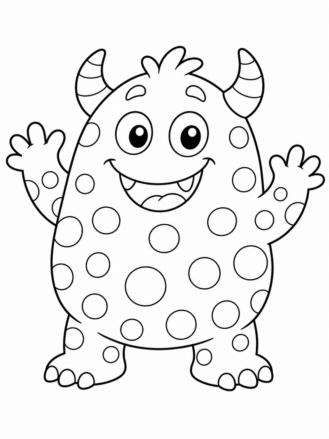 A friendly monster with polka dots coloring page Printable kids coloring page with a friendly monster with polka dots in bold black-and-white line art. | Sky Rye Design Printable kids coloring page with a friendly monster with polka dots in bold black-and-white line art.