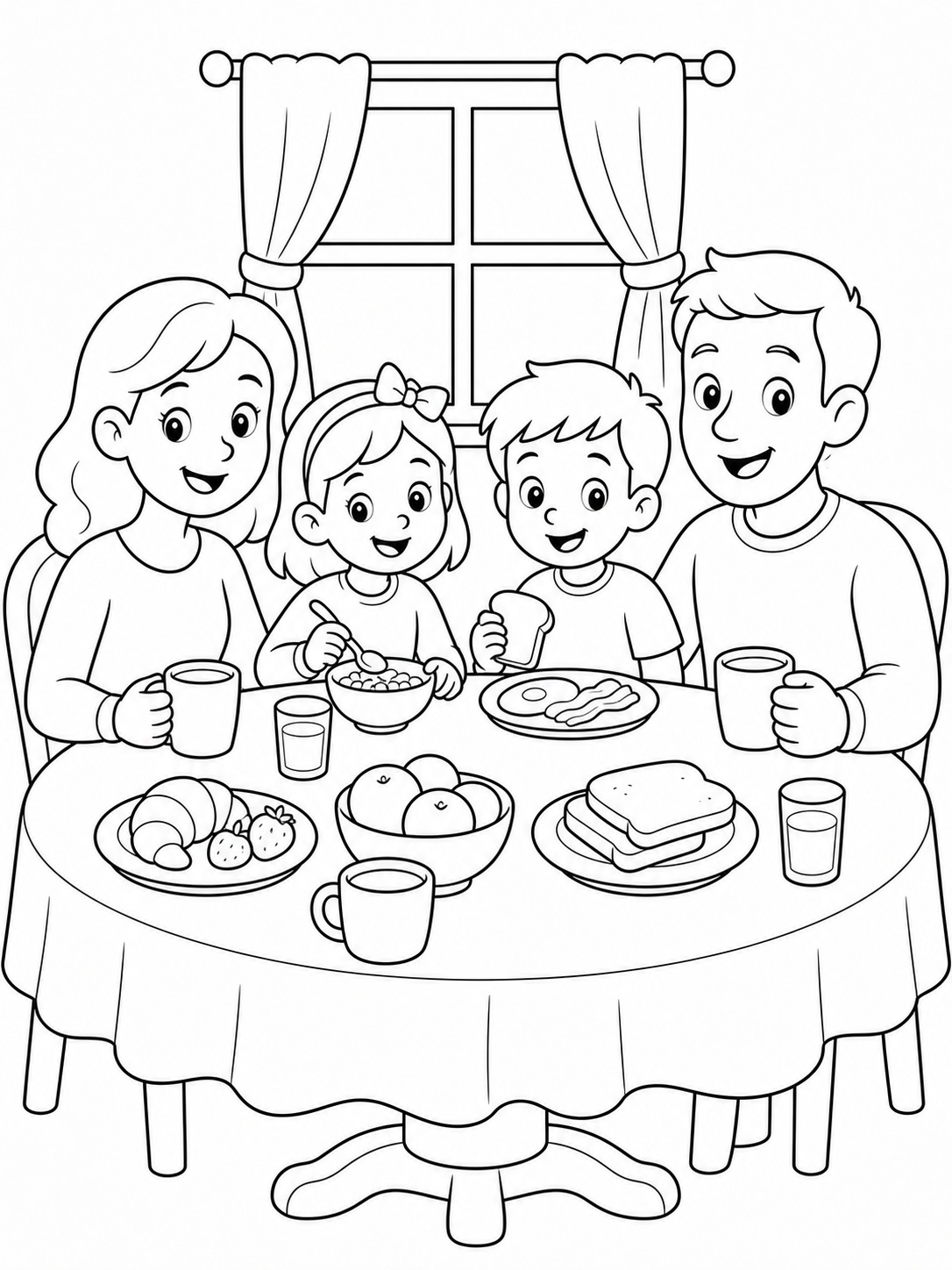 A family having breakfast at the table coloring page Printable kids coloring page with a family having breakfast at the table in bold black-and-white line art. | Sky Rye Design Printable kids coloring page with a family having breakfast at the table in bold black-and-white line art.