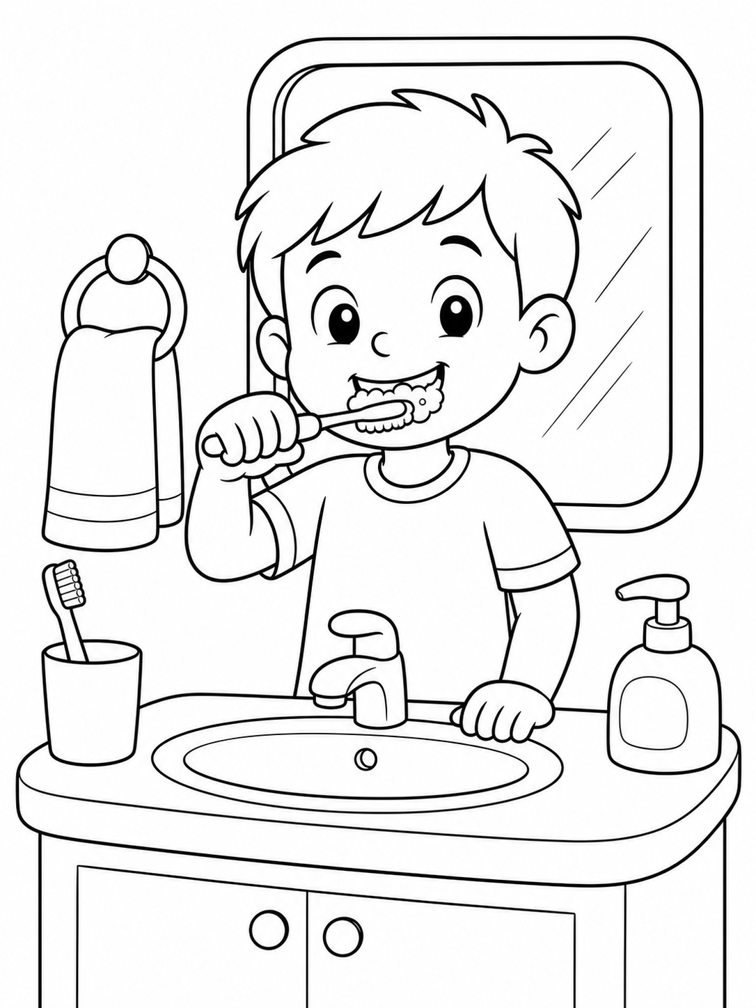 A child brushing their teeth in the bathroom coloring page Printable kids coloring page with a child brushing their teeth in the bathroom in bold black-and-white line art. | Sky Rye Design Printable kids coloring page with a child brushing their teeth in the bathroom in bold black-and-white line art.