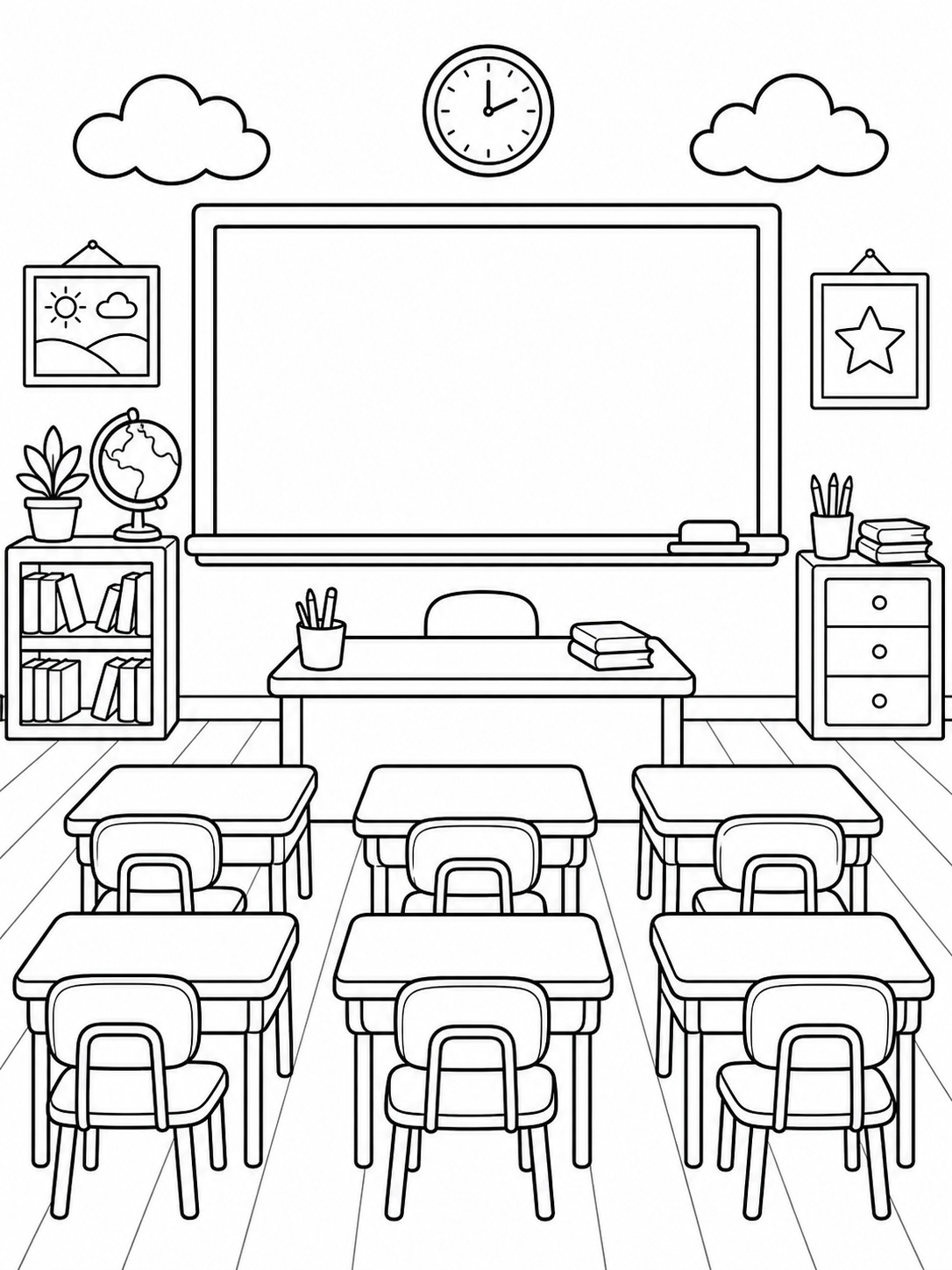 A classroom with a chalkboard and desks coloring page Printable kids coloring page with a classroom with a chalkboard and desks in bold black-and-white line art. | Sky Rye Design Printable kids coloring page with a classroom with a chalkboard and desks in bold black-and-white line art.
