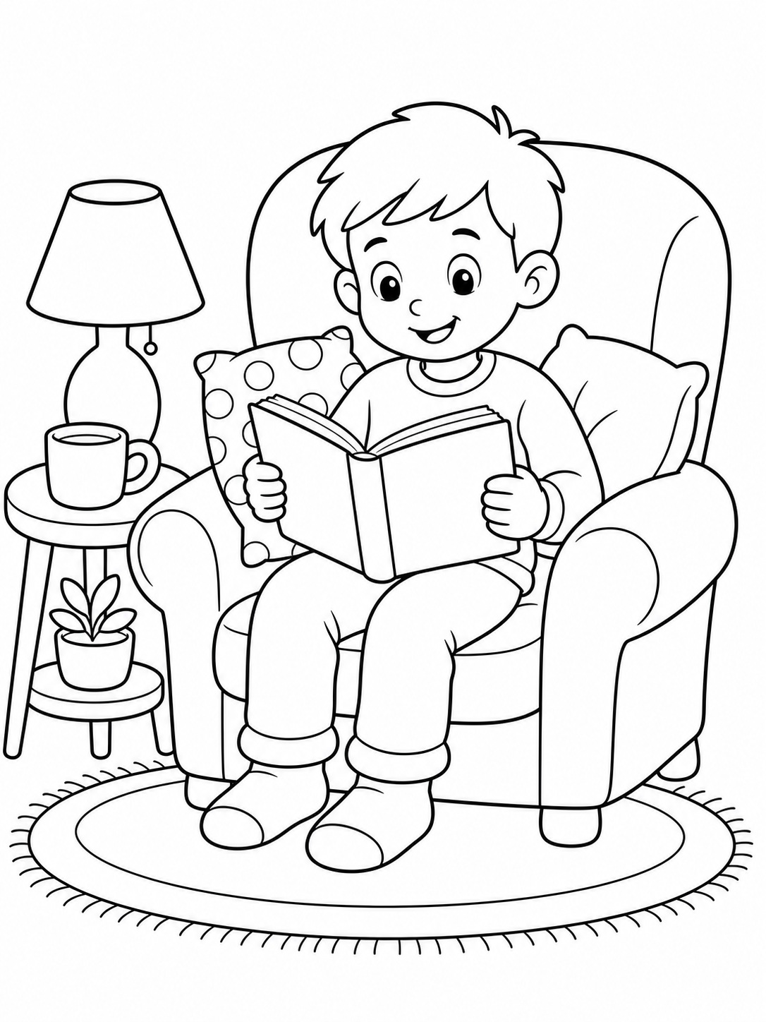 A child reading a book in a cozy chair coloring page Printable kids coloring page with a child reading a book in a cozy chair in bold black-and-white line art. | Sky Rye Design Printable kids coloring page with a child reading a book in a cozy chair in bold black-and-white line art.