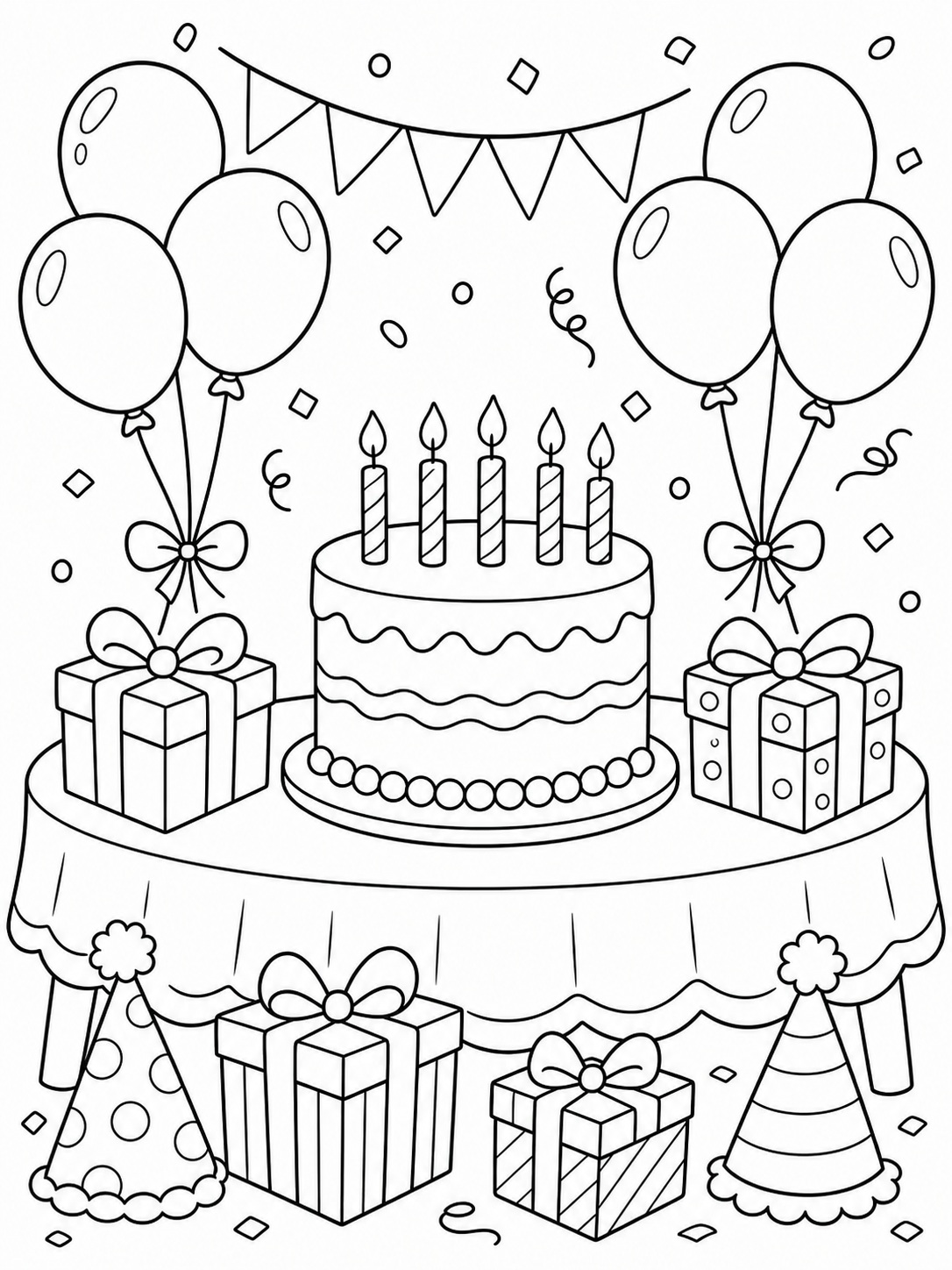 A birthday party with balloons and presents coloring page Printable kids coloring page with a birthday party with balloons and presents in bold black-and-white line art. | Sky Rye Design Printable kids coloring page with a birthday party with balloons and presents in bold black-and-white line art.