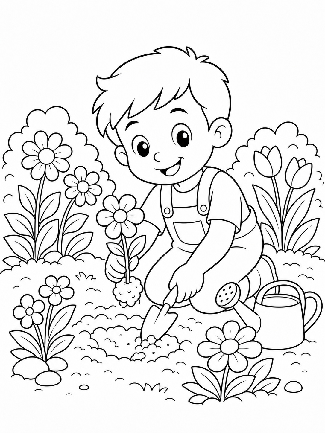 A child planting flowers in the garden coloring page Printable kids coloring page with a child planting flowers in the garden in bold black-and-white line art. | Sky Rye Design Printable kids coloring page with a child planting flowers in the garden in bold black-and-white line art.